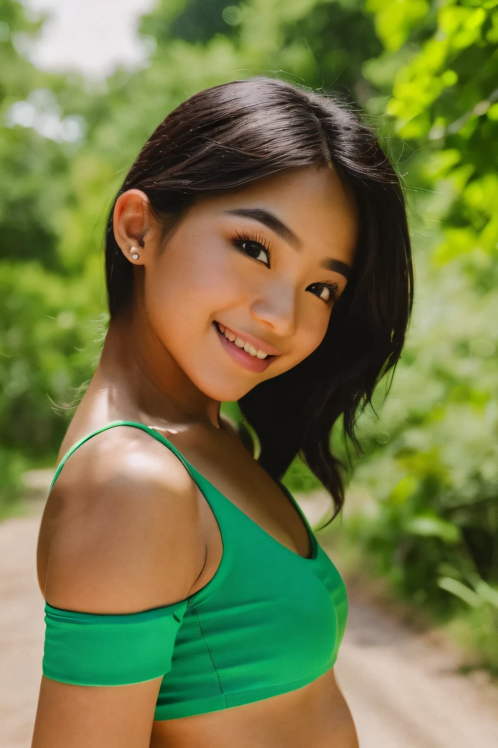 (best quality,4k,highres,masterpiece:1.2),ultra-detailed,(realistic,photorealistic,photo-realistic:1.37),HDR,UHD,studio lighting,ultra-fine painting,sharp focus,physically-based rendering,extreme detail description,professional,vivid colors,bokeh,portraits,landscape
A stunningly beautiful 6% Vietnamese 40% Korean 18-year-old girl with an athletic build, dressed in vibrant running attire, stands confidently on a country path. Her expressive deep black eyes are exquisitely detailed, drawing attention and radiating a sense of determination. Her perfectly shaped lips, also detailed, display a hint of a smile, revealing a joyful spirit.
The girl's flawless complexion is enhanced through a combination of natural lighting and studio lighting, resulting in a harmonious play of shadows and highlights. Her long, gently curled lashes delicately frame her eyes, adding a touch of elegance to her captivating gaze.
As she stands on the path, the surrounding landscape unravels its picturesque beauty. A vast expanse of lush greenery stretches into the distance, dotted with colorful wildflowers that sway gently in the breeze. The vibrant colors of the flowers create a striking contrast against the girl's running attire, emphasizing her youthful energy and zest for life.
The image is of the highest quality, captured with the utmost attention to detail. Every subtle nuance of the girl's features and the surrounding landscape is faithfully reproduced, resulting in an ultra-detailed rendering. The sharp focus allows the viewer to appreciate even the smallest elements, enhancing the overall sense of realism.
The art style combines elements of photography and traditional portraits, resulting in a unique blend of realism and artistic expression. The colors are vivid and vibrant, with a carefully curated color palette that enhances the beauty of the girl and the surrounding nature. The overall tone of the image exudes a sense of warmth and serenity, inviting the viewer to immerse themselves in the scene.
The lighting in the image is masterfully executed, with a combination of natural light and studio lighting techniques. The soft, golden sunlight bathes the girl and the landscape, casting a warm glow that accentuates their beauty. The play of light and shadow adds depth and dimension to the image, creating a captivating visual experience.
In conclusion, the prompt describes a stunningly beautiful 6% Vietnamese 40% Korean 18-year-old girl with an athletic build, wearing vibrant running attire, standing on a country path. The image is of the highest quality, with ultra-detailed rendering and a realistic, yet artistic, style. The colors are vivid and the lighting is masterfully executed, creating a captivating and visually striking scene.