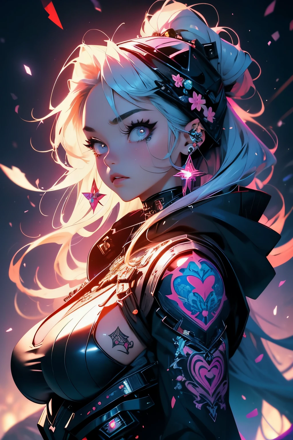 (masterpiece, top quality, best quality, official art, beautiful, cosmic, atmospheric, psychedelic, dreamlike and aesthetic, the most beautiful and highly detailed Harajuku-inspired hooded cyberpunk battle armor, super huge enormously gigantic tits, tons of tattoos and piercings:1.2), (1girl), extreme detailed,(fractal art:1.3),colorful,highest detailed, cherry blossoms blowing in the wind 