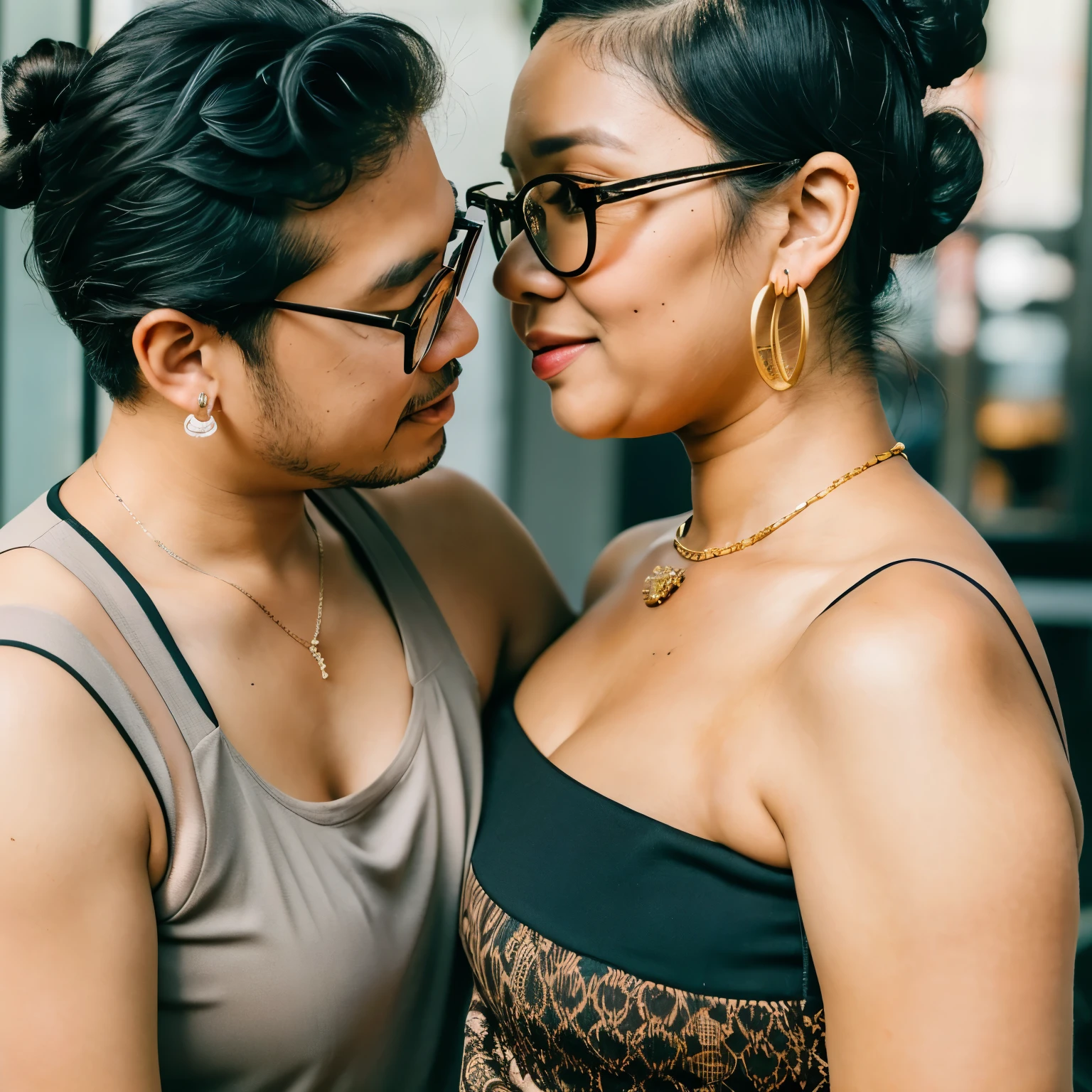 An Indonesian flirty mature woman (curvy body, hair bun, black traditional kebaya tank-top, messy curly hair, hoop earrings) kissing her boyfriend (Dutch young officer, shaved head, glasses)