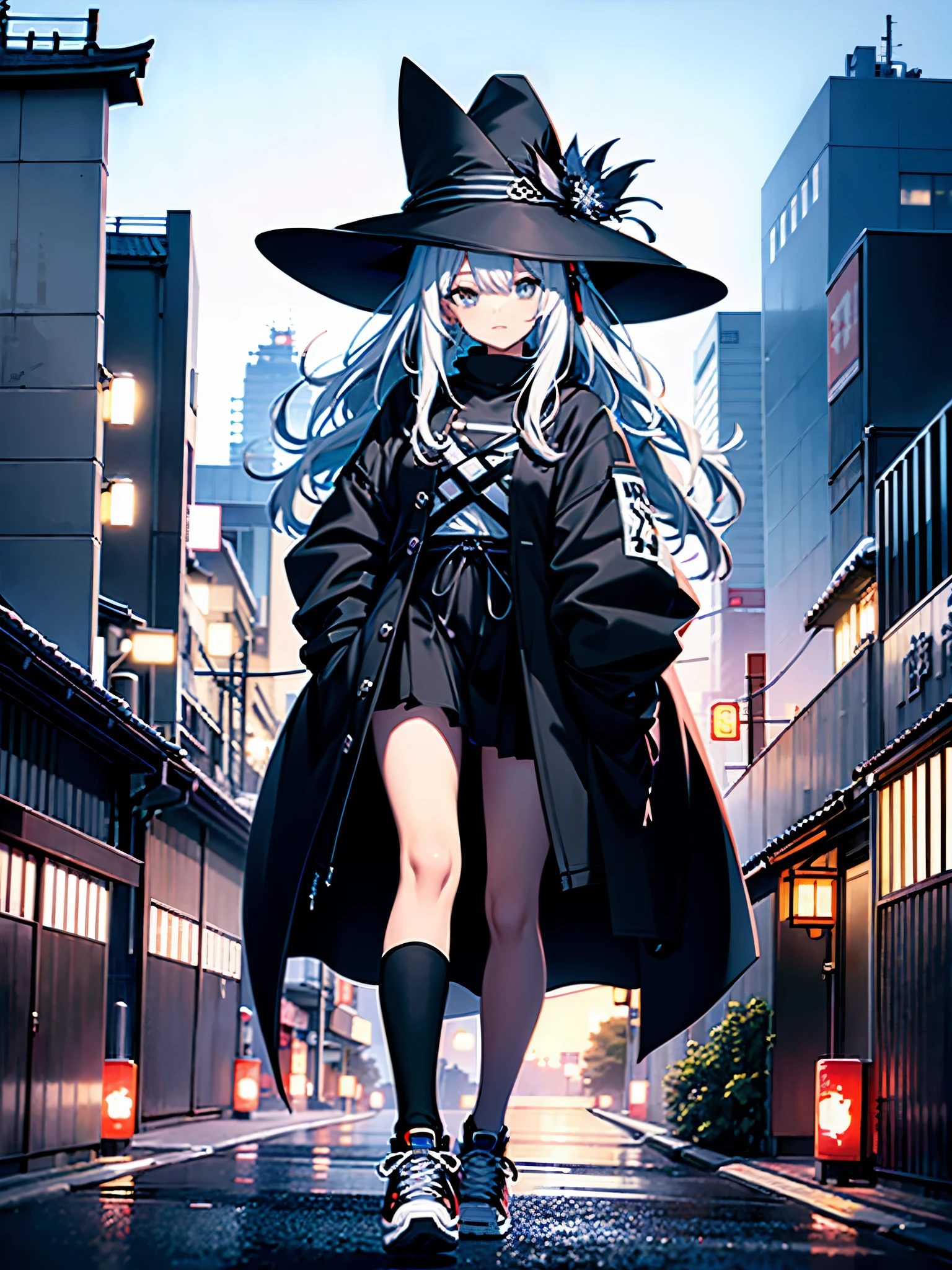 An adult woman lingering on the roof of a building overlooking the night view of Tokyo and the sea.、She has medium long, loose white hair and wears a large black witch hat with sapphire accessories.、her appearance is stylish、she is wearing a long black coat、I&#39;m wearing a white T-shirt、Black long skirt、Black sneakers with white shoelaces、black tights、Black Short Leggings、2D illustration、Japan anime、drawn by Japanese ilastrator、high resolution、4K quality、high quality、High resolution、5 million pixels、high detail、No correction