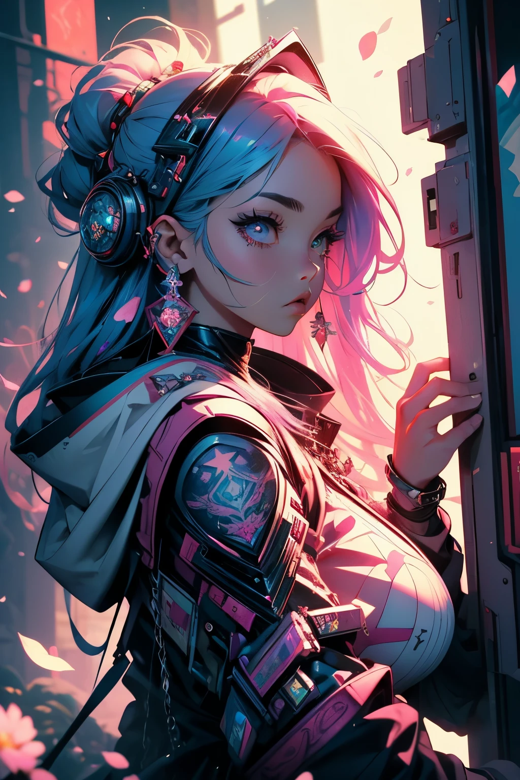(masterpiece, top quality, best quality, official art, beautiful, cosmic, atmospheric, psychedelic, dreamlike and aesthetic, the most beautiful and highly detailed Harajuku-inspired hooded cyberpunk battle armor, super huge enormously gigantic tits, tons of tattoos and piercings:1.2), (1girl), extreme detailed,(fractal art:1.3),colorful,highest detailed, cherry blossoms blowing in the wind