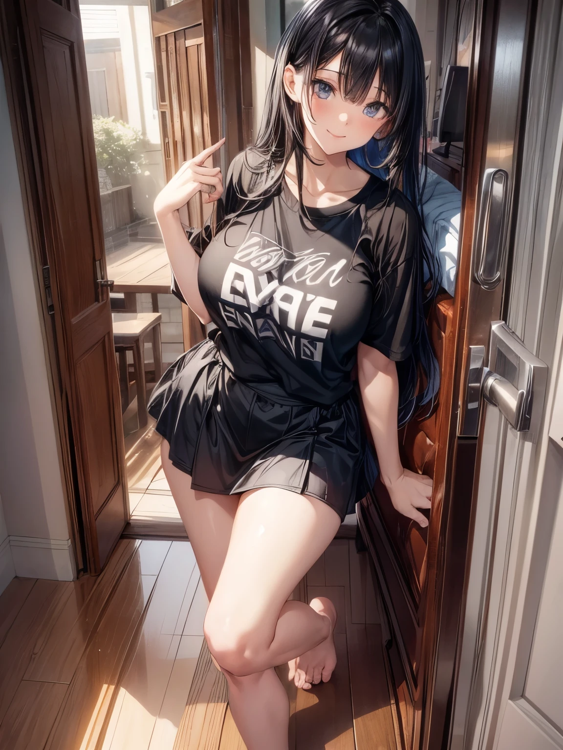 highest quality、All limbs、full finger、1 girl、((one beautiful woman、solo))、black haired woman、Shoulder-length medium hair、straight hair、big breasted woman、big smile、naughty pose、Black T-shirt、((Black miniskirt))、barefoot、sexy pose、hands on hips