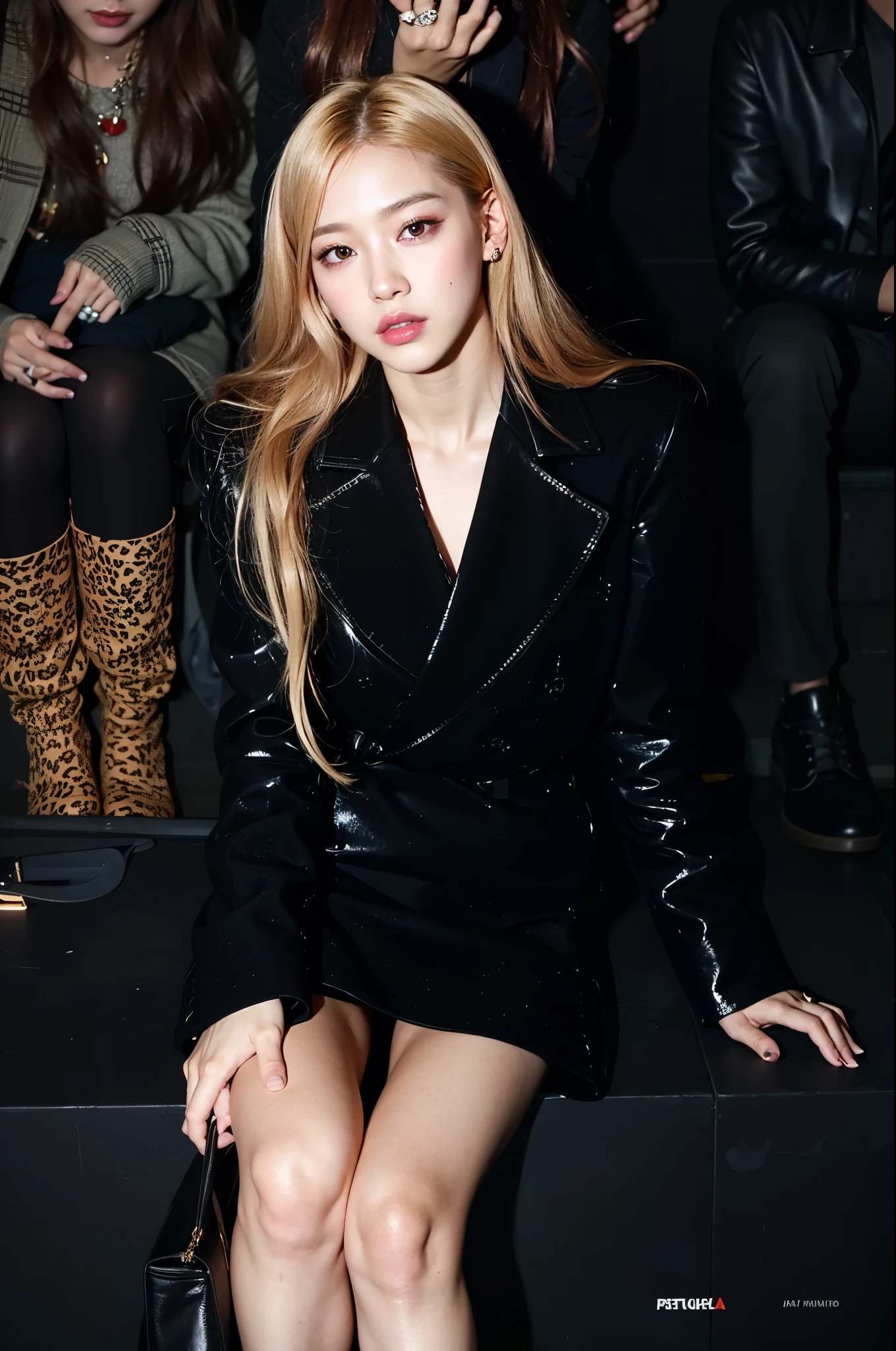 a woman sitting on a bench in a black dress and heels, jossi of blackpink, roseanne park of blackpink, jia, ji-min, jisoo of blackpink, portrait of jossi of blackpink, glossy from rain, lalisa manoban of blackpink, jisoo from blackpink, kda, wearing black clothes, Jennie Blackpink, Lisa Blackpink, Rosé Blackpink 