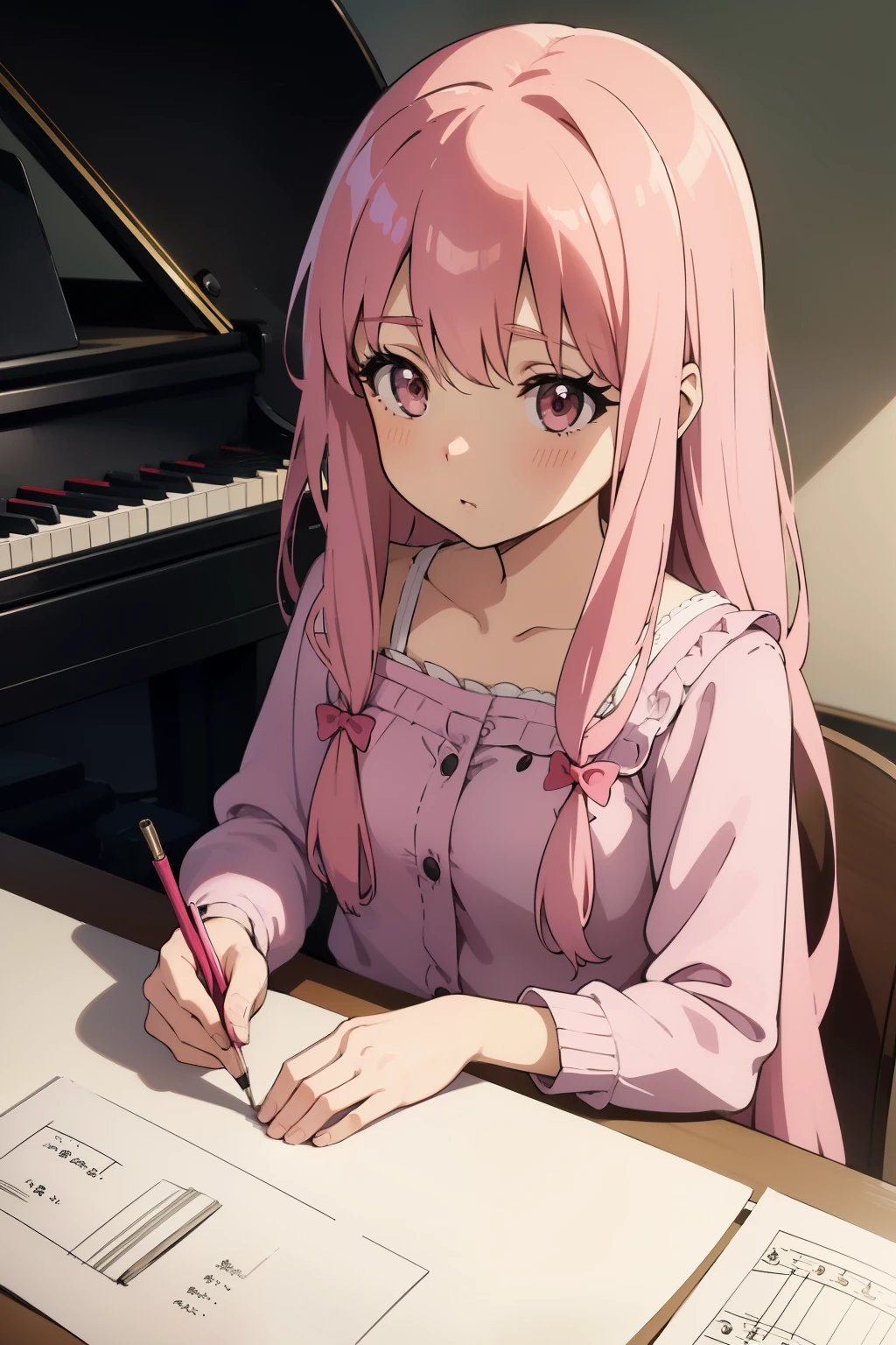 Gentle in the 60s、Female long pink hair piano teacher with bobs hairstyle、Draw a picture of a cute girl giving piano lessons。piano antiguo 