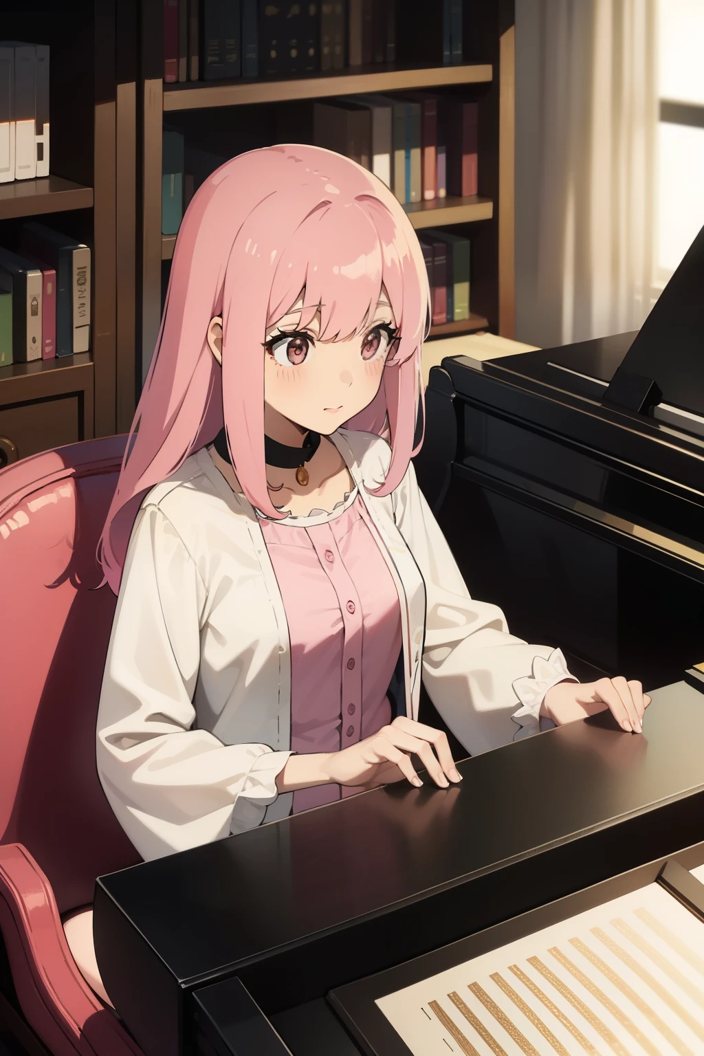 Gentle in the 60s、Female long pink hair piano teacher with bobs hairstyle、Draw a picture of a cute girl giving piano lessons。piano antiguo