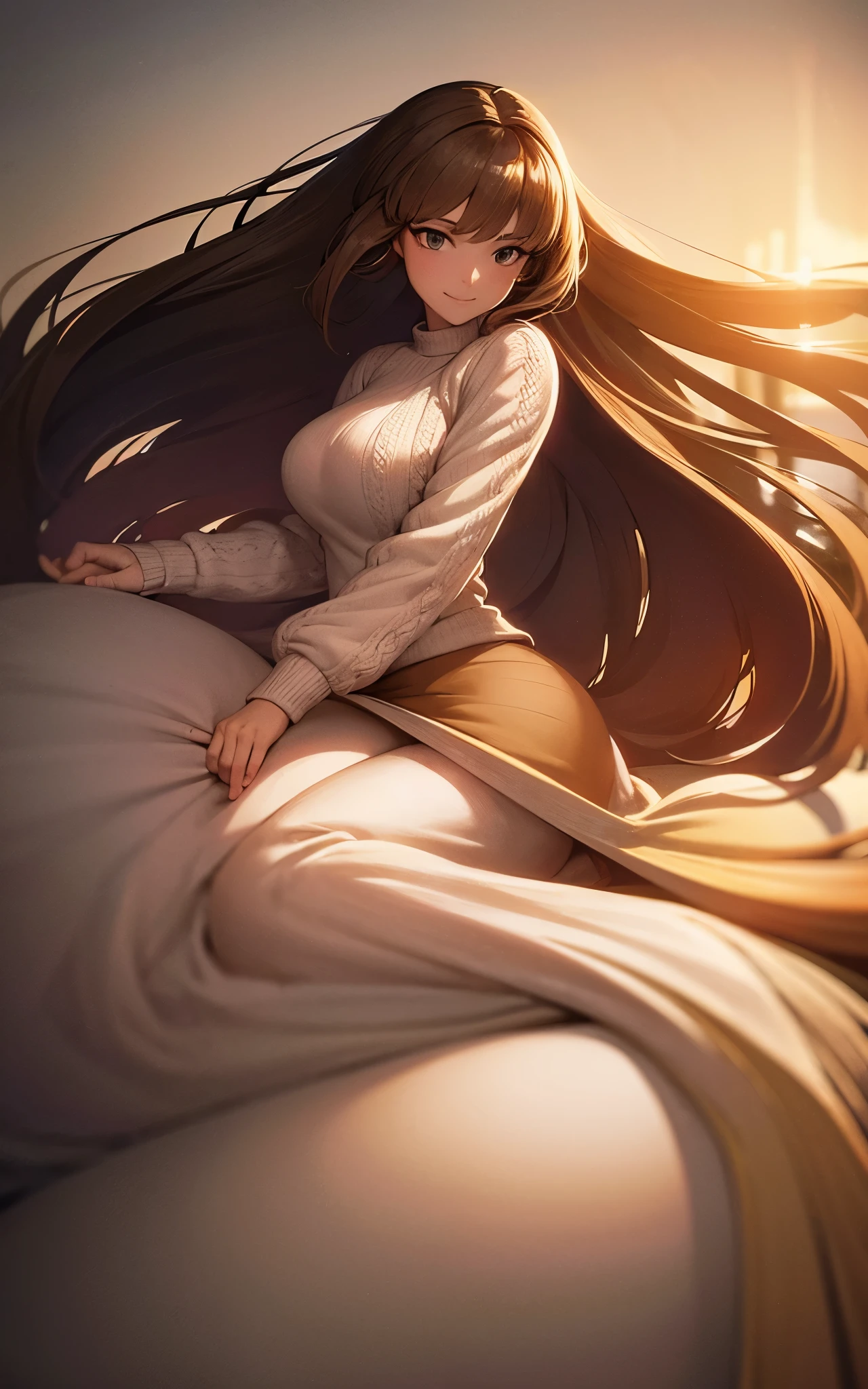 (mature:1.2) style princess, (Tifkeller:1.08), masterpiece, highest quality, highest quality, cinematic lighting, (volume lighting), very detailed CG unity 8k wallpaper, concentrated, 8k wallpaper, 4k wallpaper, very detailed, surreal, realistic, sharp focus, disorganized, (HDR:1.2), (high contrast), photograph, detailed and complex, Instagram, portrait, very detailed, digital painting, art station, concept art, Smooth, sharp focus, figure, cinematic lighting,A beautiful woman with very long hair and a gentle smile and a beautiful sunset in the background,((white summer sweater is huge inflated )) ,anime,japan comic,