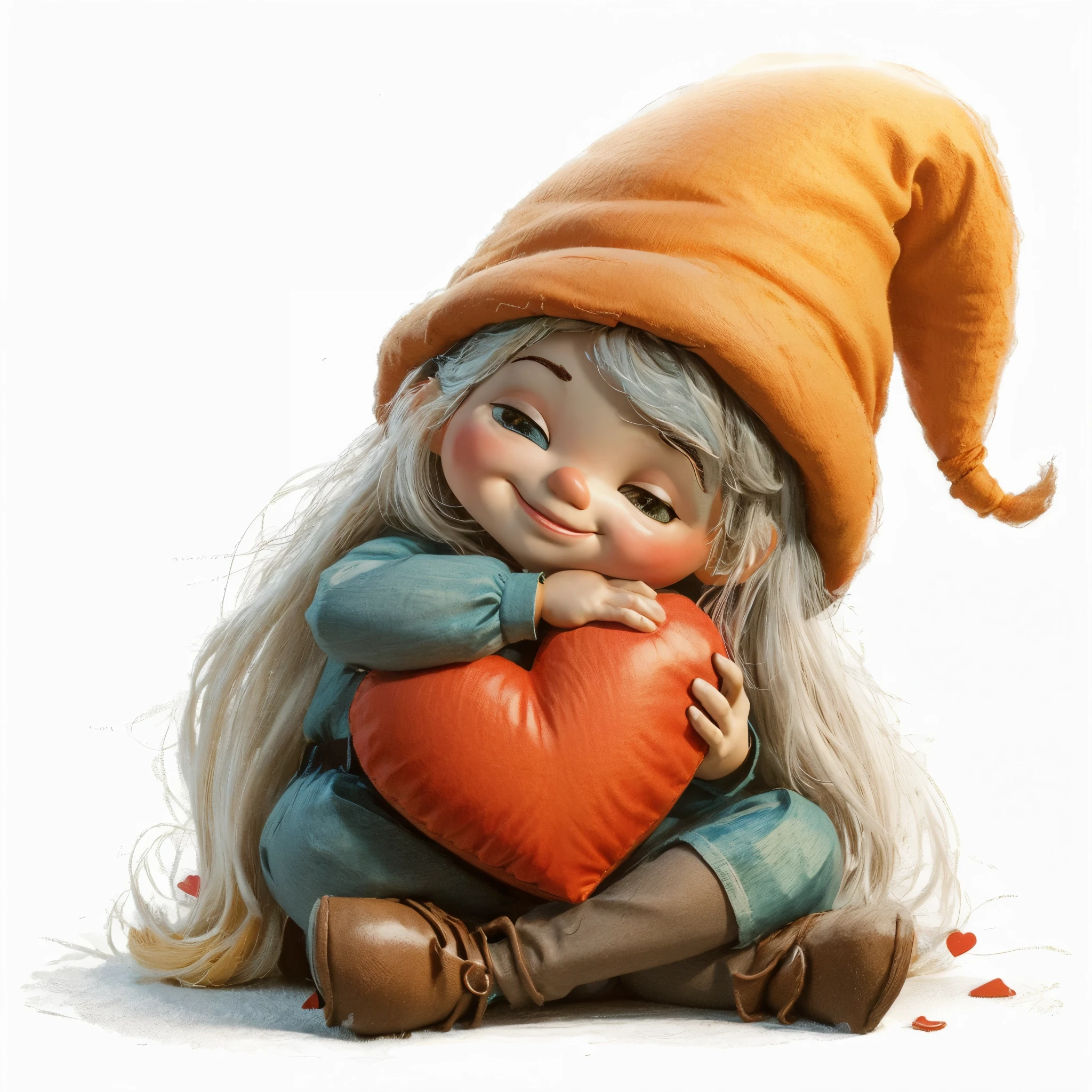 Cute gnome girl,sitting and hugging a big red heart pillow for Valentines Day, closeup, isolated white background, clipart, illustration, isolated on white background, digital painting, cartoon disney style