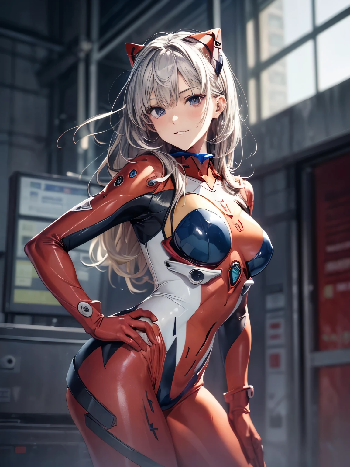 highest quality、All limbs、full finger、1 girl、((one beautiful woman、solo))、silver haired woman、Shoulder-length medium hair、straight hair、big breasted woman、big smile、naughty pose、(((red full body evangelion plug suit:1.2)))、sexy pose、hands on hips