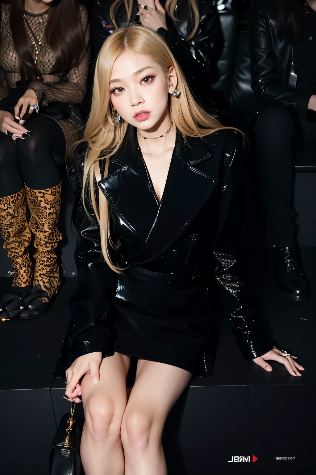 a woman sitting on a bench in a black dress and heels, jossi of blackpink, roseanne park of blackpink, jia, ji-min, jisoo of blackpink, portrait of jossi of blackpink, glossy from rain, lalisa manoban of blackpink, jisoo from blackpink, kda, wearing black clothes, sun yunjoo, park ji-min