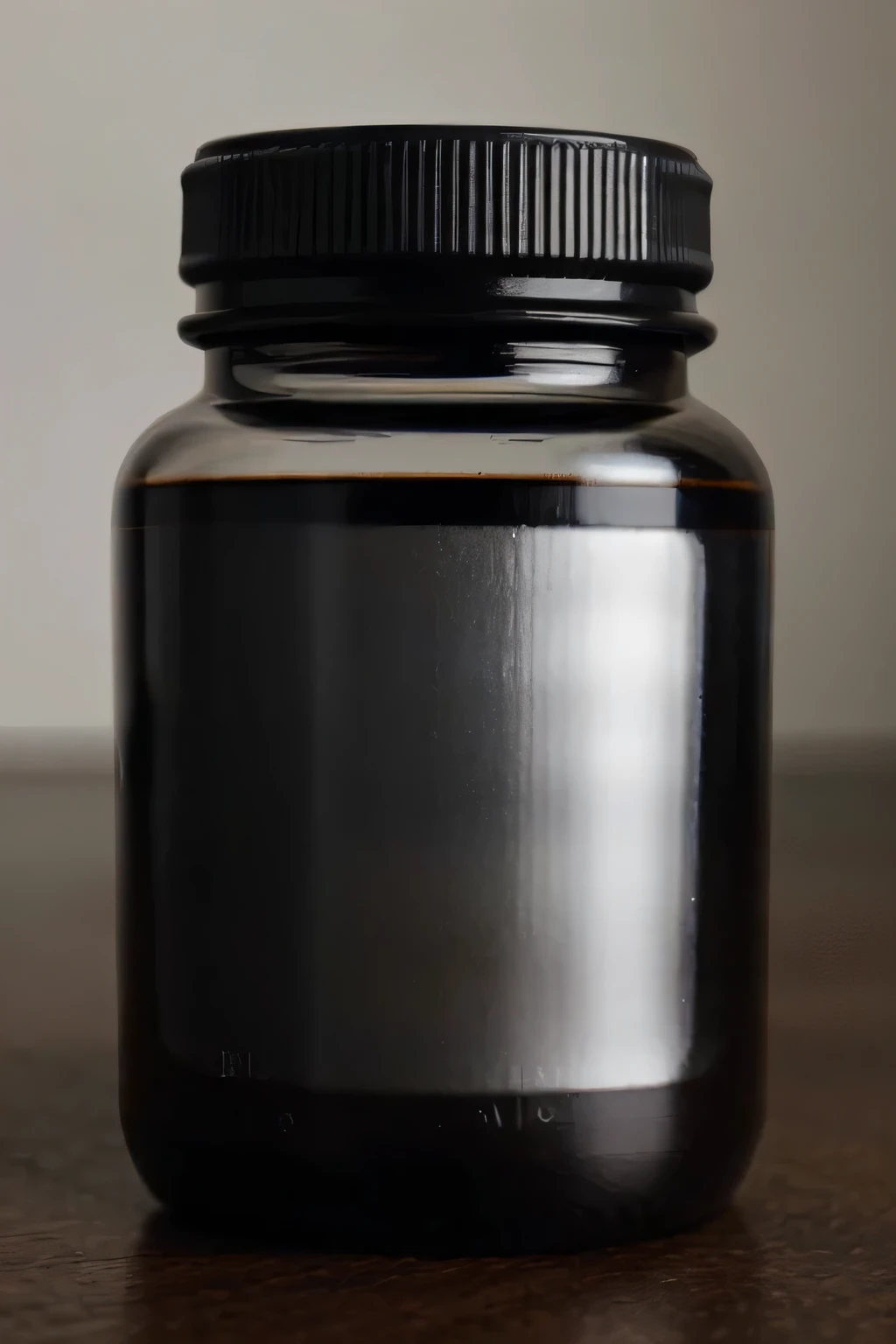 Photo of a black plastic bottle for capsules, Frasco de 90ml com tampa de rosca. There are small black medicine capsules around the bottle. 4K rendering, surreal, foto comercial, ambiente leve, smooth feel