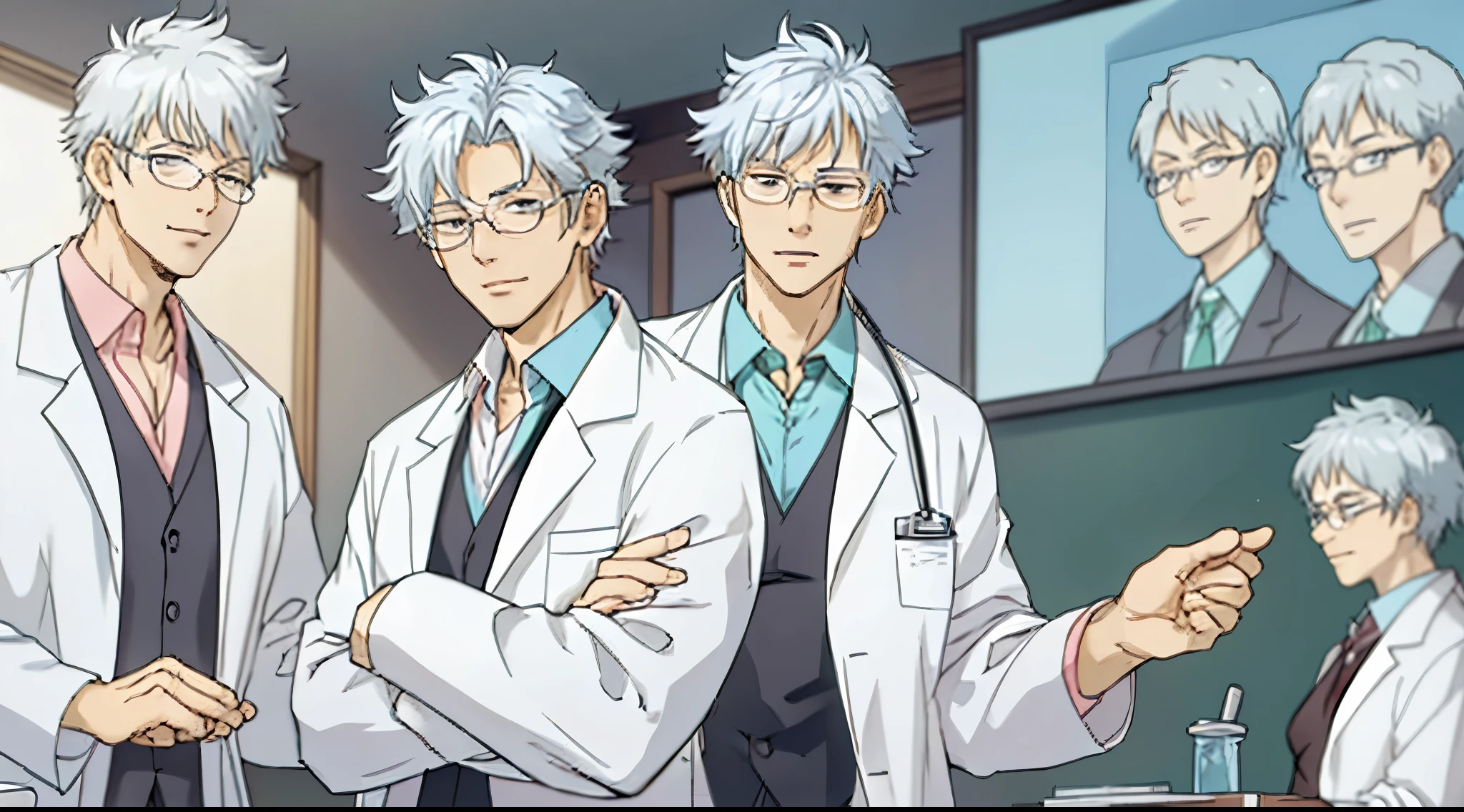 Silver haired teacher wearing lab coat and medical glasses, showcasing sarcastic facial expressions