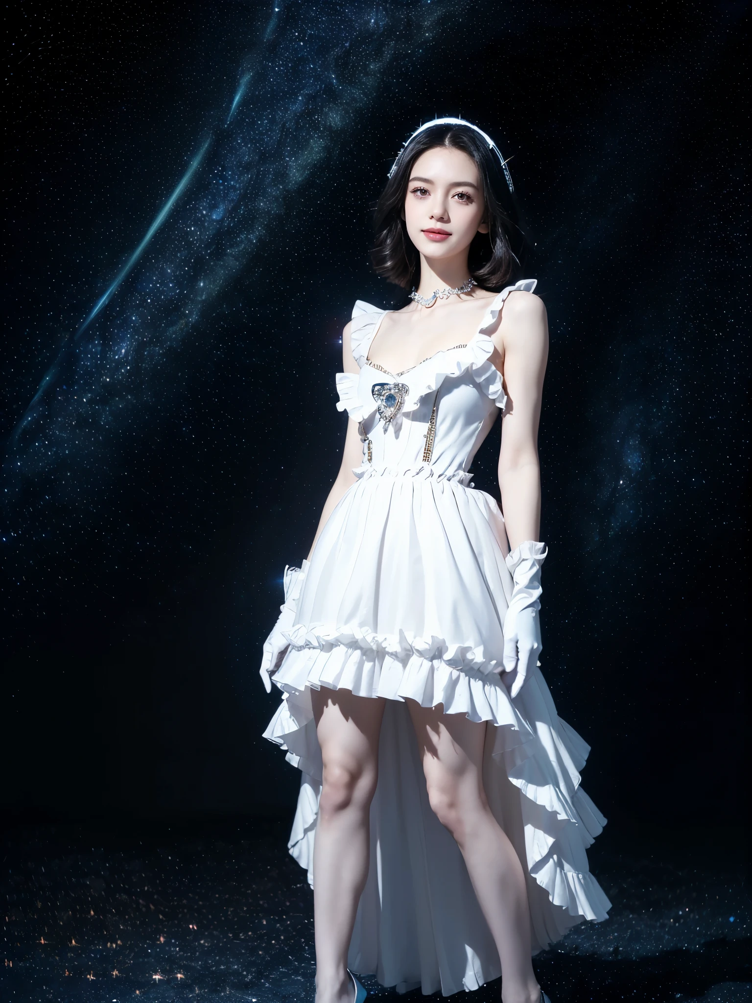 ((((8k))),((Extremely meticulous CG)) ,(wallpaper),16k,((Extremely refined and beautiful)),(((Masterpiece))),(((best qualtiy))),(((Ultra High Resolution))),beautiful light up,Perfect lightning,realistic shaded,[A high resolution],(Smooth and flawless fair skin:1.5),(pale skin:1.3),Extremely exquisite facial details,(perfect body:1.1),ultra-detailed,A beautiful girl,Magical Girl,solo,small head,(shoulder-length straight bob hair:1.1),(detailed eyes:1.2),small face,Exquisite makeup,(small breasts:1.1),flat chests,slim,thin,happy,(smile:1.3),(Maxi sparkle white ruffled Gothic dress:1.5),(collar:1.2),(gloves:1.2),(slender legs:1.2),(Suspender stockings:1.2),(Crystal high heels:1.2),(night scene:1.3),(dazzling Starry sky:1.5),(Blue neon light:1.3),(detailed background:1.5),(standing:1.3),(upper body:1.3),(from back:1.3),