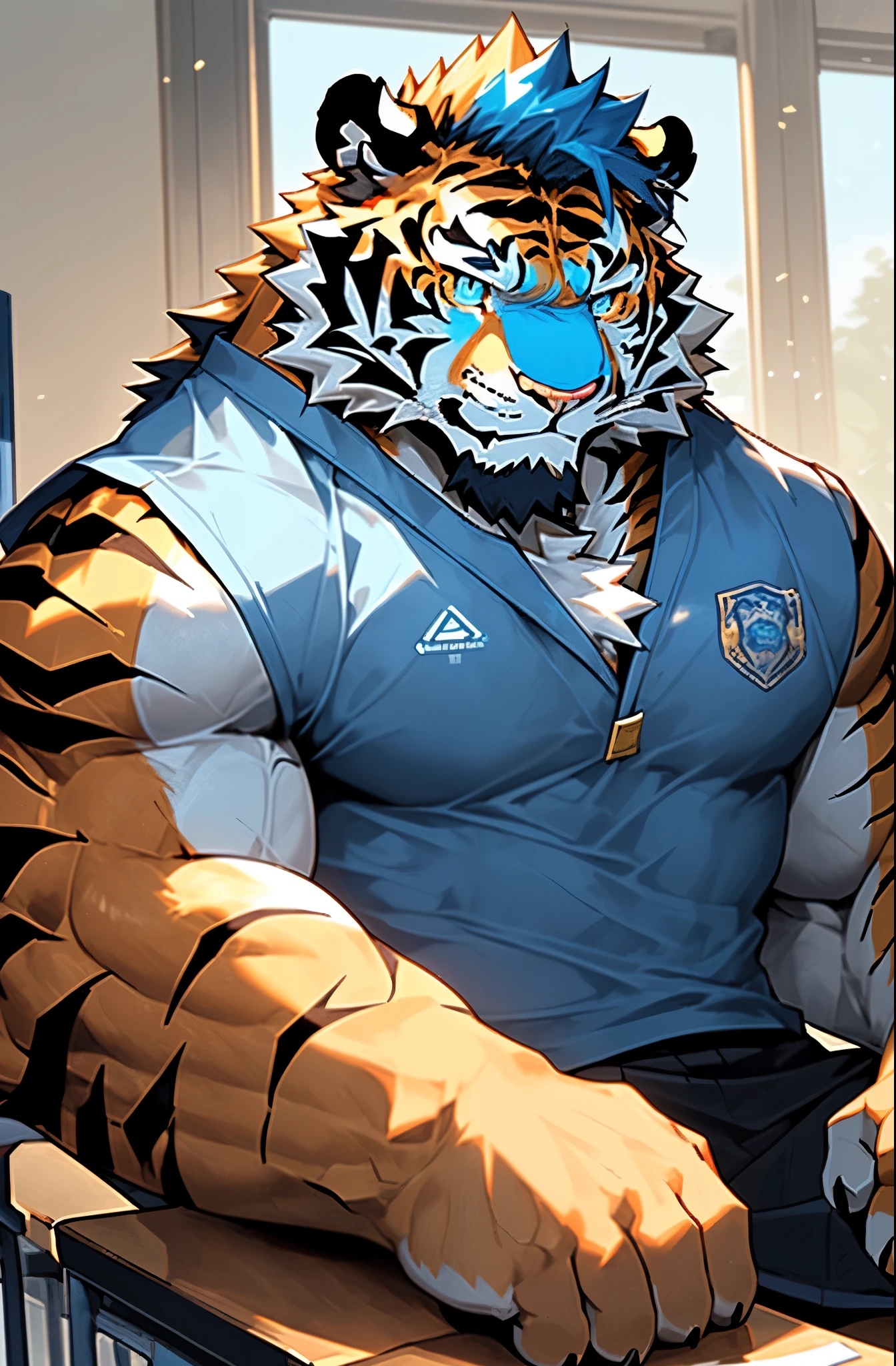 disney,anime character with tiger tiger_beast, Firmware version, high resolution committee, ((tiger)), gigachad muscular, muscular!!, Tik, muscular!, anthropomorphic tiger, muscular character, Kushat Kenzi, Super detailed!!, muscular!!!, beefy, full body commission, Full body details are very rich,32k,(Full body close-up:1.2),(The two eyes are different in color，Different pupils:1.8),HD,(Colored hair:1.5),((student school uniform:1.3)，solo,(Cute expressions:1.3),hope,(One eye is blue，The other eye is gold:1.5),(A pair of eyes with different pupil colors:1.5))，(Shy:1.6),((sitting on desk:1.3))，(front:1.3),((One hand on the desk)),((classroom))