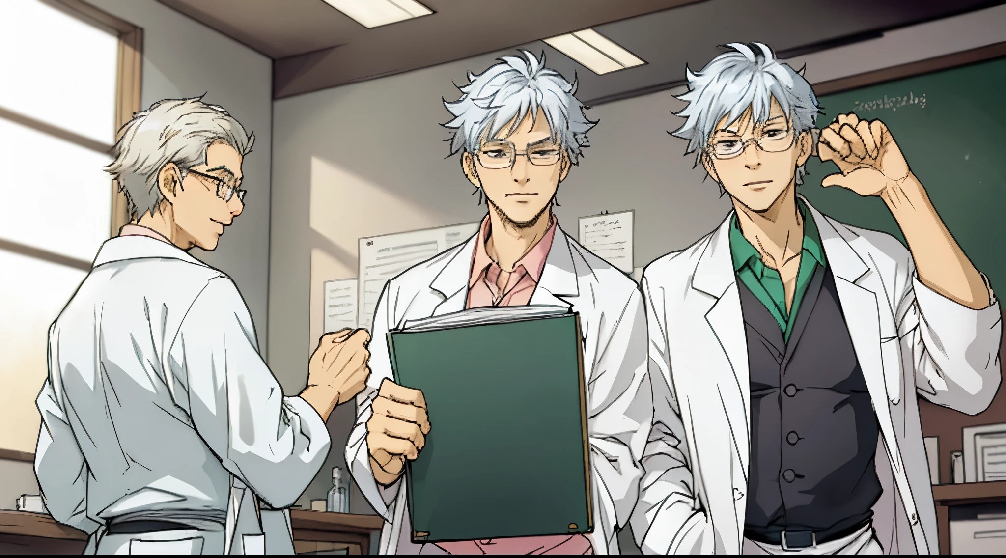 Silver haired teacher wearing lab coat and medical glasses, showcasing sarcastic facial expressions