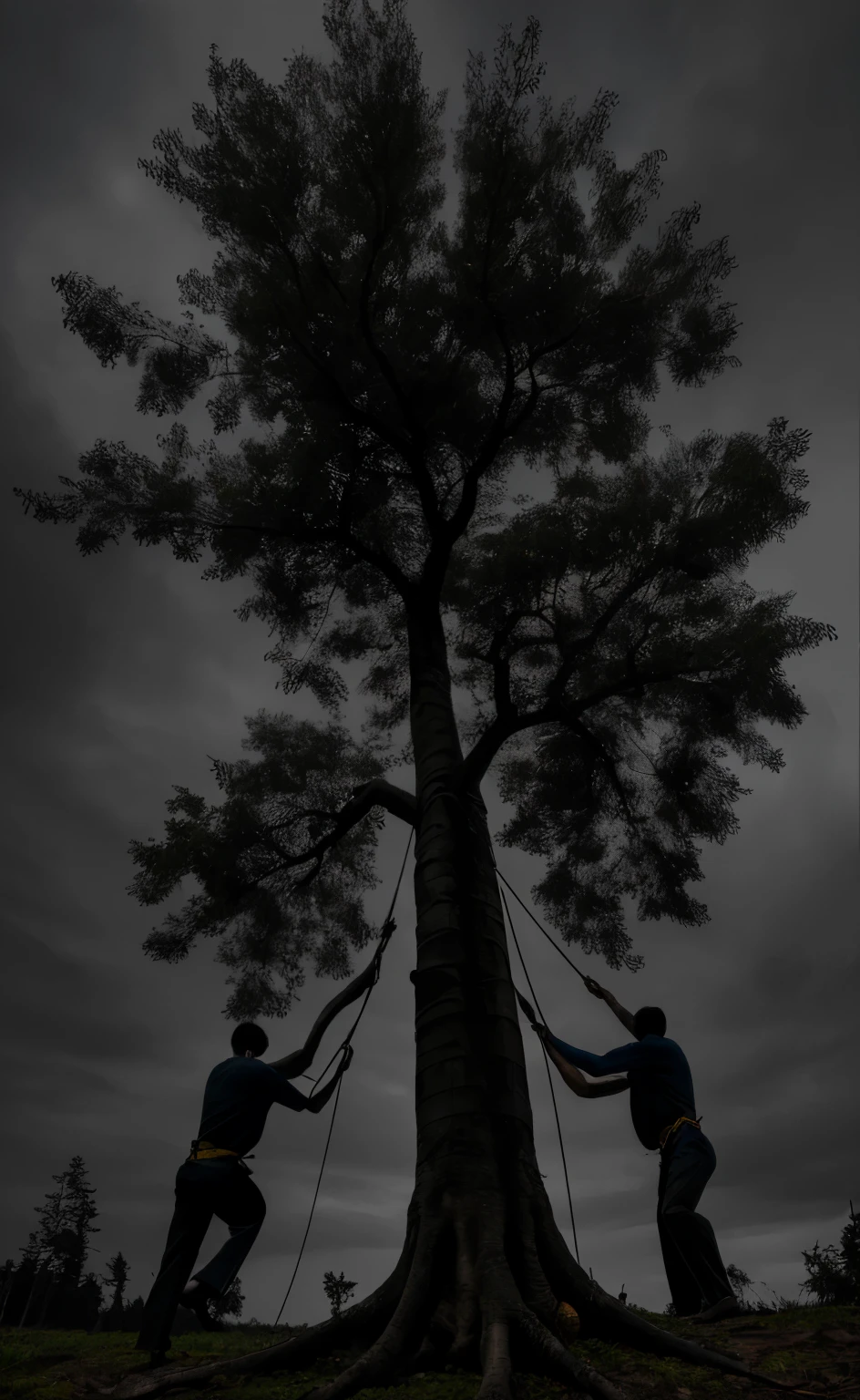 3 men tied to a tree on a dark and gloomy night