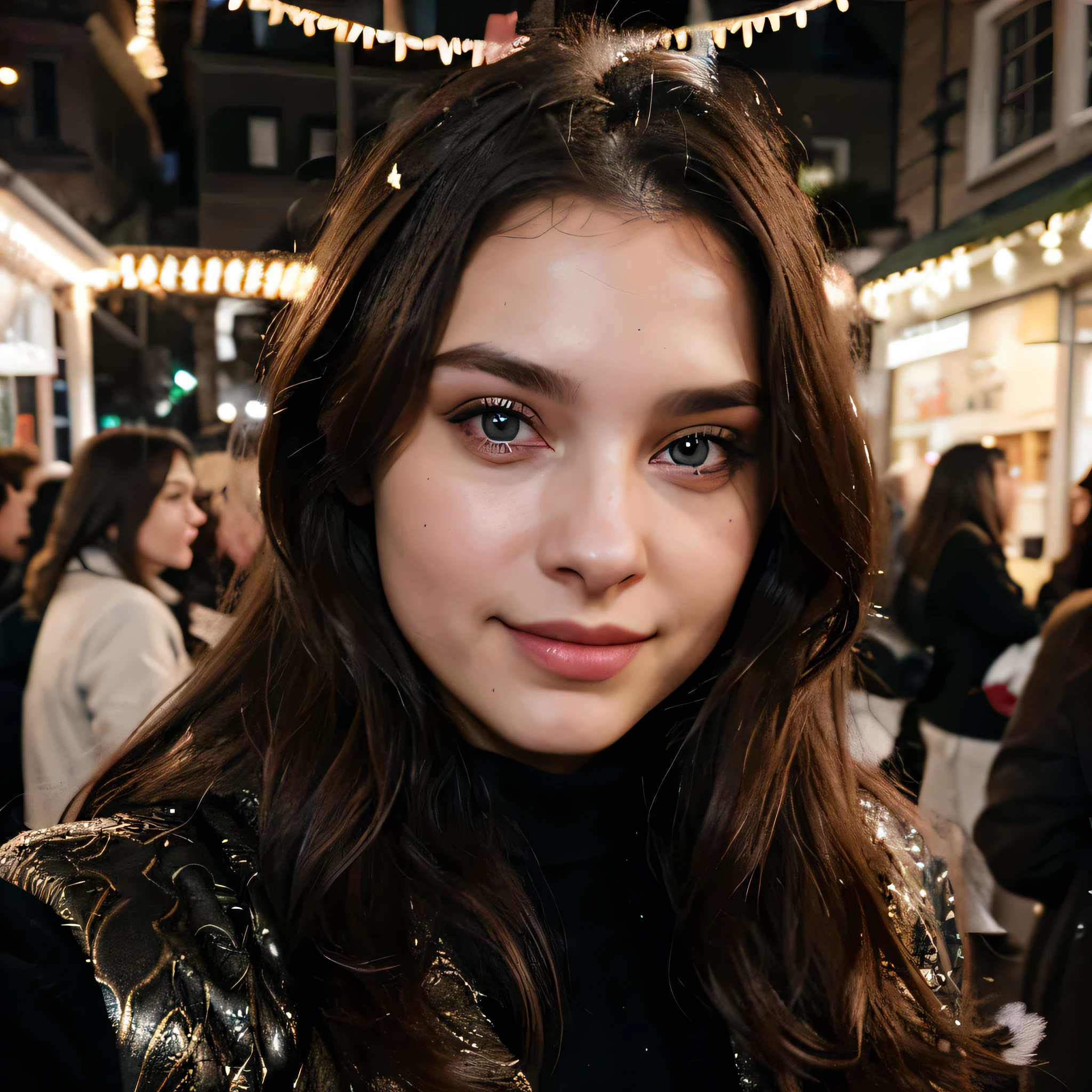 Foto de bela 24 anos, cabelos castanhos escuros, rosto muito detalhado, Olhos detalhados, fotorrealista, Mercado de Natal, Sala de estar, easy smile, busto grande, not much skin, casaco, selfie, sedutor