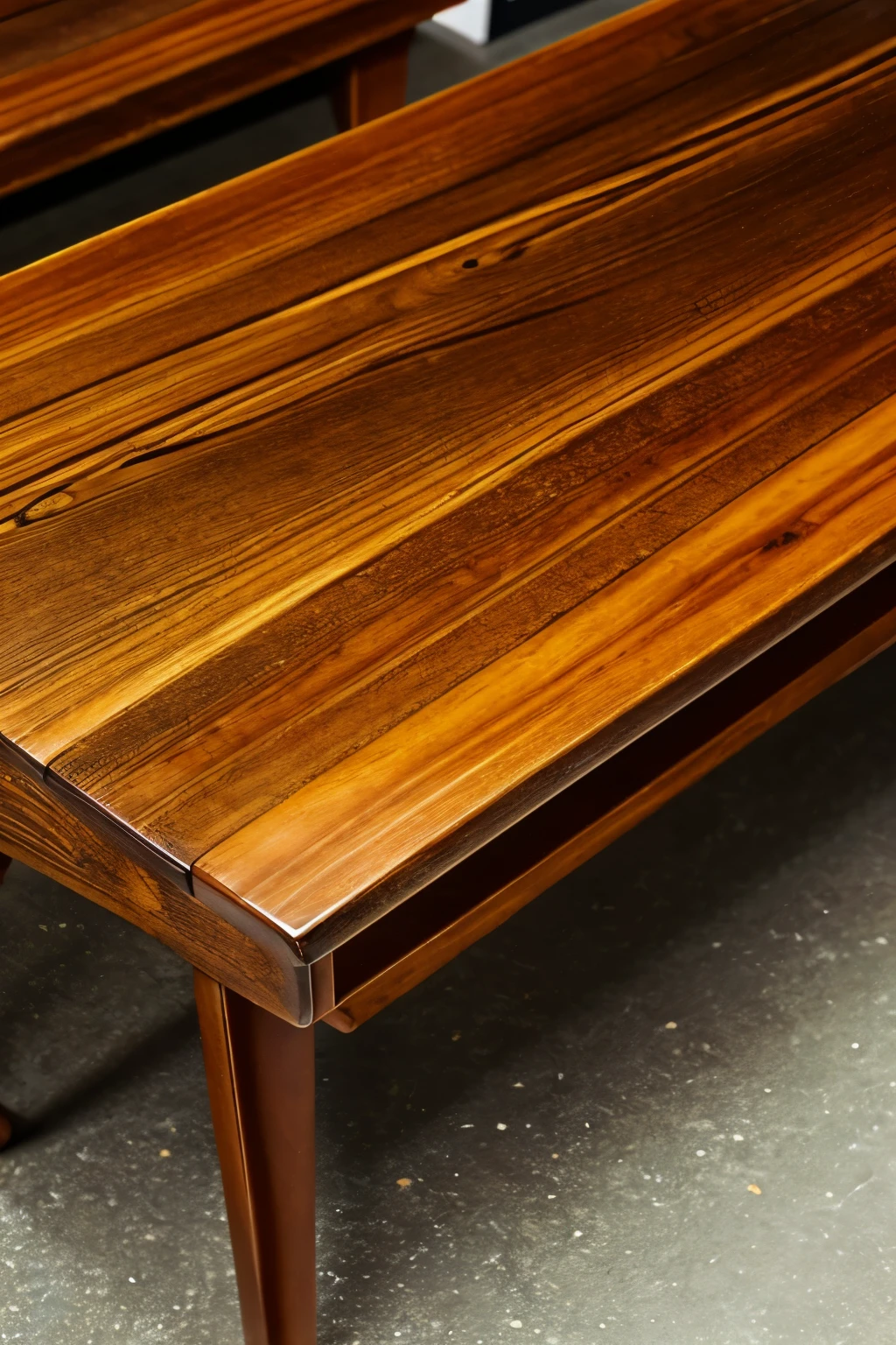 ガーデンの濃い茶色のWooden table、dark brown old、Wooden table, Polished with visible wood grain, Using wooden ones, detailed Wooden table, Wooden support, perspective shot, The bottom is half-wooden, smooth transparent visor, on a Wooden table