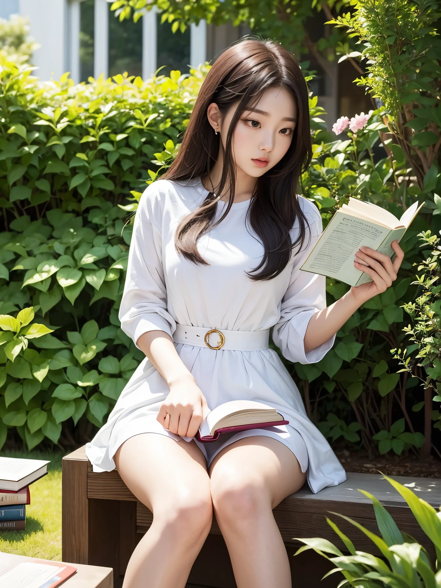 Hermosa chica coreana tomando un libro, sitting in a garden, 22 year old woman, hermosa mujer parecida a jennie Kim, teniendo un libro en manos