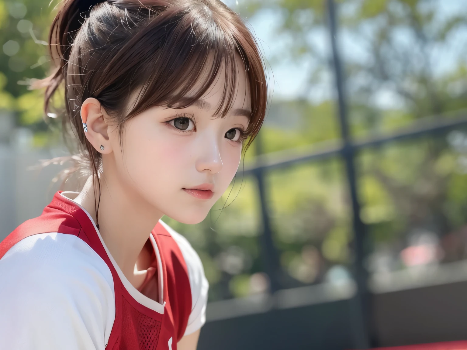 (Details of a very cute face), (highest quality:1.4), 8K resolution, High resolution, 1 girl, Japanese, cute , cute girls of the finest, 超cute詳細な顔, short hair, Basketball Uniform, basketball court, realistic, sweating, splash,reddish purple hair、short hair、short ponytail、Crying Mole、shoot towards the basketball ring