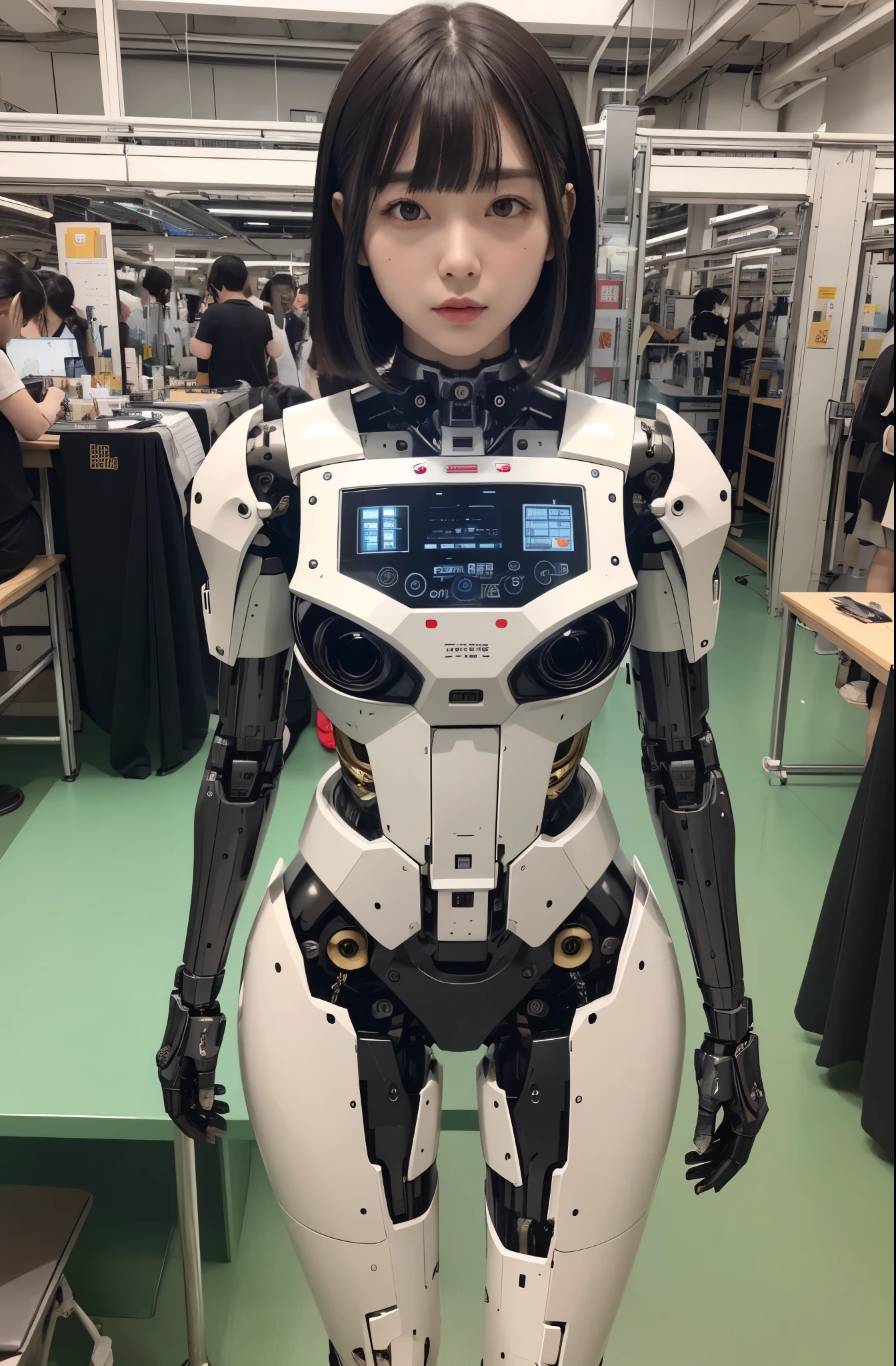 masterpiece, best quality, extremely detailed, Japaese android girl,Plump , control panels,android,Droid,Mechanical Hand, Robot arms and legs, Black hair,Blunt bangs,perfect robot girl,long tube,thick cable connected her neck,android,robot,humanoid,cyborg,japanese cyborg girl ,robot-assembly plant,She is assembling now,assembly scene