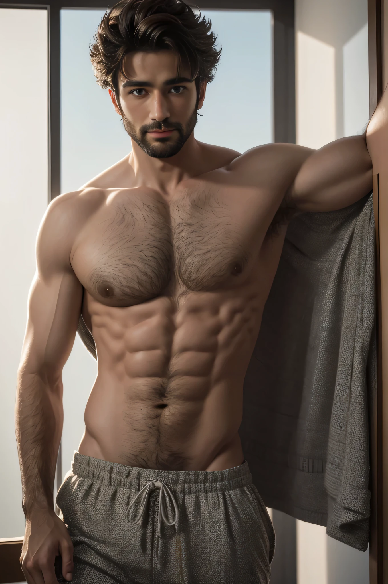 Canadian Man, 30 anos, pose sensual, peludo, roupas elegantes, extremamente bonito, looking-into-camera, 16k, UHD, perfect lighting, grain of film, altamente detalhado, foto de corpo inteiro