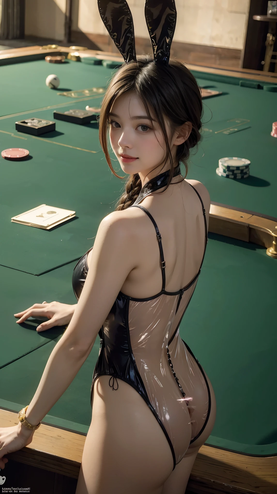 (Best Quality, Masterpiece, Photo realistic, Ultra Detailed, ultra high res, raw:1.3), 1girls, pretty, Japanese, smile, bangs, (big breasts), see-through leotard, (playboy bunny:1.3), see-through, transpbunny, (casino), armpit, cowboy shot, (wrist cuffs), make-up, rabbit ears, rabbit tail,