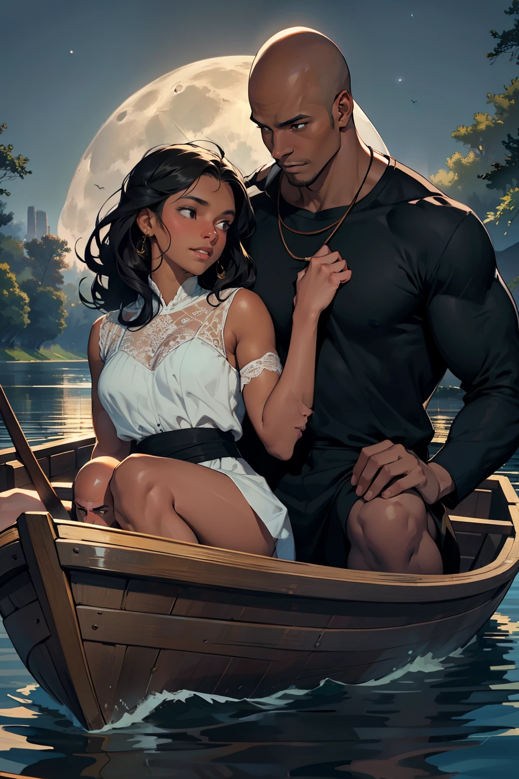 Cinematic Still of a Young Couple in Love, he is a tall, strong black man with bald head, she is a brunette beauty with long flowing hair. they are seated in a pristine rowing boat on a tranquil moonlit night. the light of the moon casts a gentle glow on their enamored faces.
(Best Quality,4k,8K,high resolution,Masterpiece:1.2), a black man and a brunette woman, a strong, bald black man, a loving couple, in a rowing boat, moonlit night, full moon shines on their faces, rowing boat glides smoothly on the water, they hold hands, their eyes meet