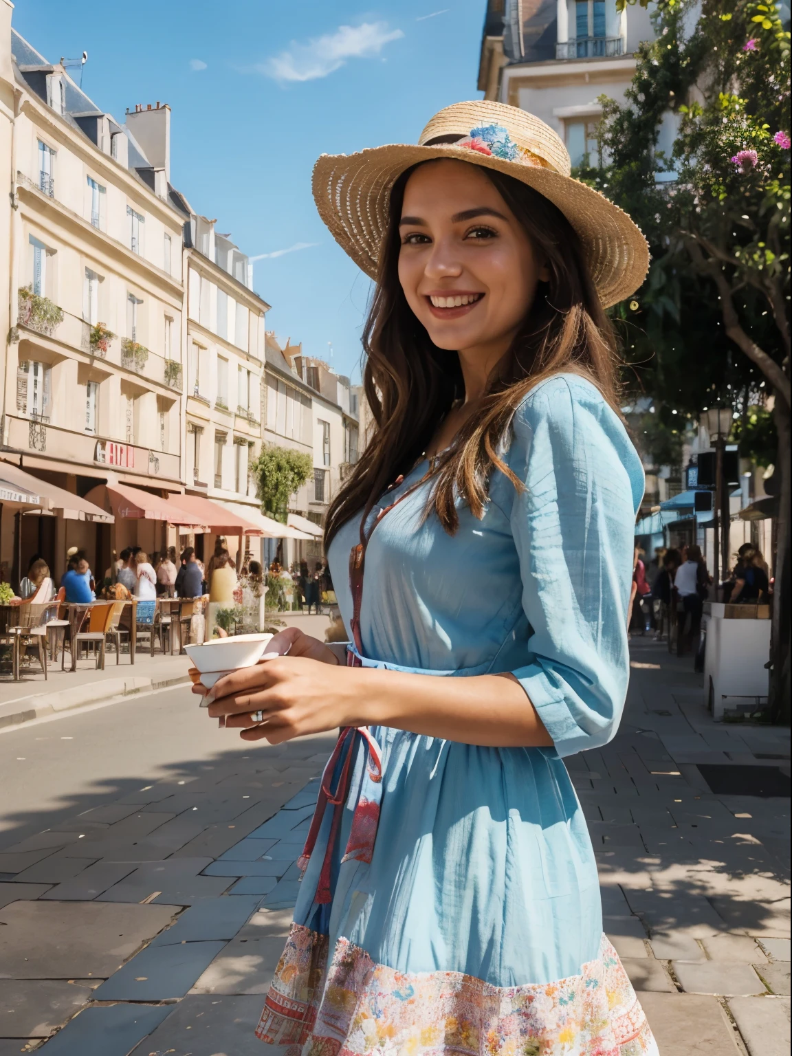 (best quality,highres,ultra-detailed:1.2), HDR, vivid colors, beautiful girl, In Paris, lively atmosphere, charming architecture, colorful flowers, happy people, stunning view, cozy cafe, outdoor dining, sunny weather, elegant dress, stylish hat, joyful expression, long flowing hair, vibrant street performers, bustling crowd, street musicians, mouthwatering food stands, historical landmarks, mosaic pavement, decorative fountains, palm trees, blue sky, warm sunshine, laughter and laughter, carefree moments