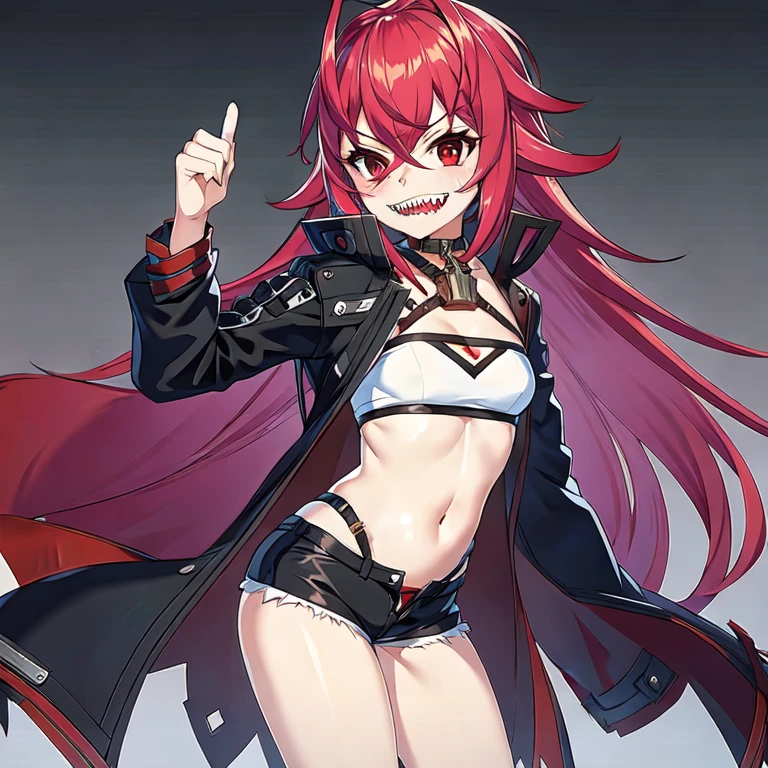 (masterpiece, best quality:1.2), 1girl, solo, red hair, spiky hair, red eyes, petite, small breasts, sharp teeth, short shorts, hair between eyes
