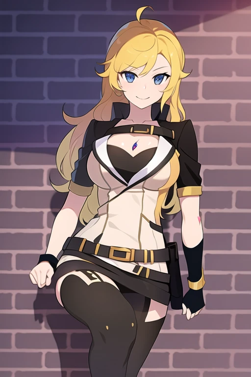 anime style, 8k (best quality:1.2), 1girl, ((solo:1.4)), Huntress_Yang, ahoge, bangs, blonde hair, wave hair, very long hair, lilac eyes, eyebrows visible through hair, hair between eyes, lips, teeth, choker, chain necklace, pendant, purple jewelry, jacket, unzipped, long sleeves, cleavage, black tube top, medium breasts, black underwear, belt, buckle, purple fabric attached to the left section of lower belt, gauntlets, shell casing, vambrace, gloves, black gloves, fingerless gloves, nail polish, shell casing, black mini skirt, thighhighs, gold fire emblem, garter straps, zettai ryouiki, black legwear, combat boots, high heels, (standing:1.4), (full body:1.4), transparent background,
