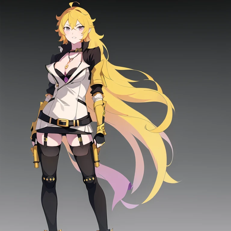 anime style, 8k (best quality:1.2), 1girl, ((solo:1.4)), Huntress_Yang, ahoge, bangs, blonde hair, wave hair, very long hair, lilac eyes, eyebrows visible through hair, hair between eyes, lips, teeth, choker, chain necklace, pendant, purple jewelry, jacket, unzipped, long sleeves, cleavage, black tube top, medium breasts, black underwear, belt, buckle, purple fabric attached to the left section of lower belt, (gauntlets with shell casings:1.4), vambrace, black fingerless gloves, nail polish, (black tight mini skirt), thighhighs, (gold fire emblem on each thigh), garter straps, black legwear, (black ankle boots with 3 buckles and white bows on the back), (standing:1.4), (full body:1.5), transparent background,