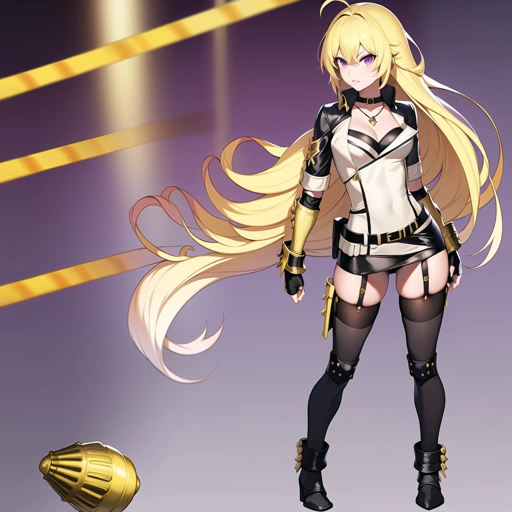 anime style, 8k, (best quality:1.2), (1girl), (solo:1.4), Huntress_Yang, ahoge, bangs, blonde hair, wave hair, very long hair, lilac eyes, eyebrows visible through hair, hair between eyes, lips, teeth, choker, chain necklace, pendant, purple jewelry, jacket, unzipped, long sleeves, cleavage, black tube top, medium breasts, black underwear, belt, buckle, purple fabric attached to the left section of lower belt, (gold gauntlets with shell casings:1.4), black fingerless gloves, nail polish, (black tight mini skirt:1.4), thighhighs, (gold fire logo on each thigh), garter straps, black legwear, (black ankle boots with three buckles and white bows tied on the back), (standing:1.4), (full body:1.5), transparent background,