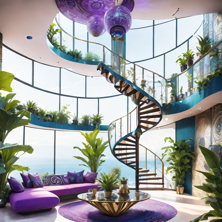 futuristic living room in tribal style，concept art，(Double storey interior design)，soft lighting，(Metal feature wall decorated with tribal theme，intriguing patterns、Geometry、abstract art、OrganicTextures)，Airy atmosphere，(Comfortable tribal style seating and rugs)，(Panoramic large windows，sea view)，natural materials、blurred background、blue-violet color palette、bright green indoor plants、Hibiscus flowers、indirect lighting、futuristic retro influence，(Spiral staircase linking loft)、Technology elements，Ethereal atmosphere、（best quality，4k，highres, masterpiece：1.2），Super detailed，lifelike：1.37。