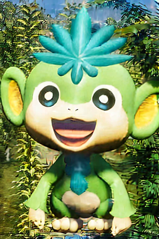 tanzee,green monkey,full body,cute,looking at viewer,no humans,pokemon.\(creature),simple background,smile,solo,standing.