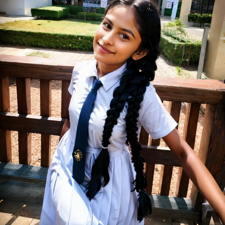 (masterpiece, best quality:1.2), 1girl, solo , 18 years old school girl wearing white frock and color tie , braided hair with plaits , wearing white shoes and socks , hyper realistic