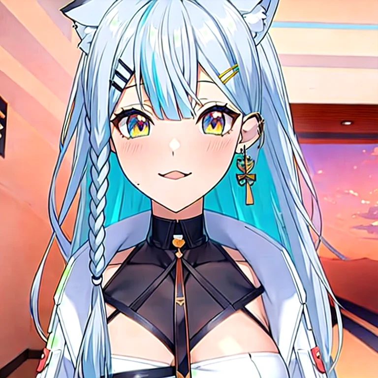 (masterpiece, best quality:1.2), 1girl, solo, anime girl with long gray and blue mix hair and brown ayes, happy, beautiful anime catgirl, cute anime catgirl, attractive cat girl, anime girl with cat ears, anime style 4 k, 4k anime wallpaper, anime art wallpaper 4 k, anime art wallpaper 4k, catgirl