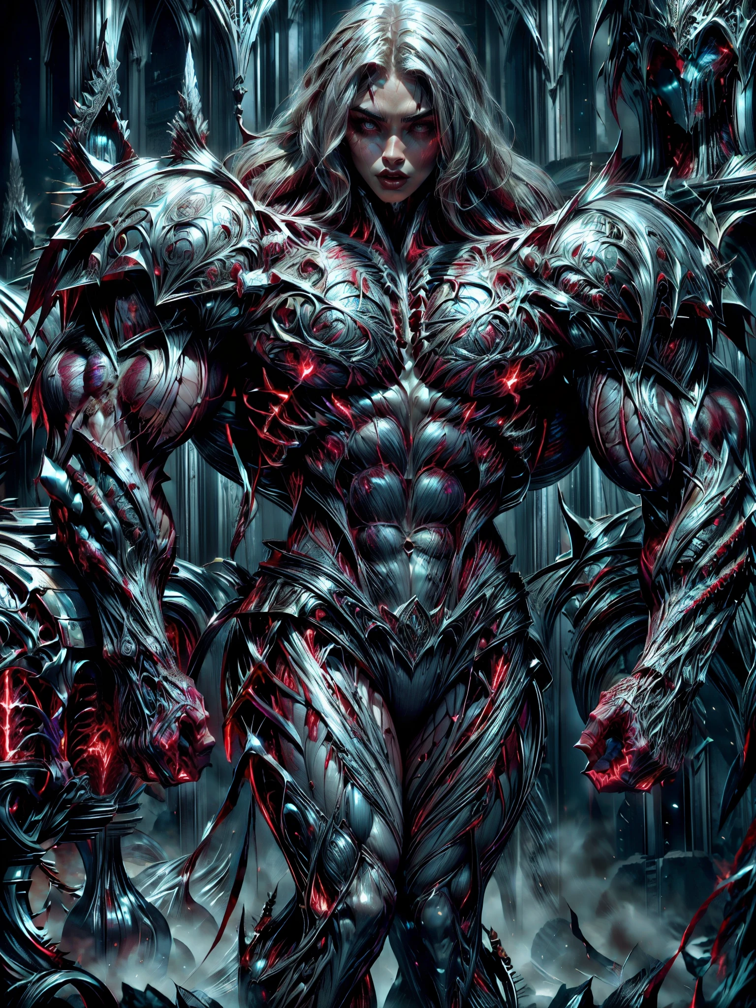 (1 girl), (megan fox:1.25), (pure white skin:1.25), Beautiful vampire girl dressed in ornate medieval vampiric full body armor, (extreme muscular definition:1.5), (vampiric body armor:1.25), (huge muscular arms:1.5,) (10-pack abs:1.4), (lots of veins:1.25), Ultra Realistic, Very detailed face and eyes, a true masterpiece, with an atmosphere of horror, gothica, blood, haunted cathedrals