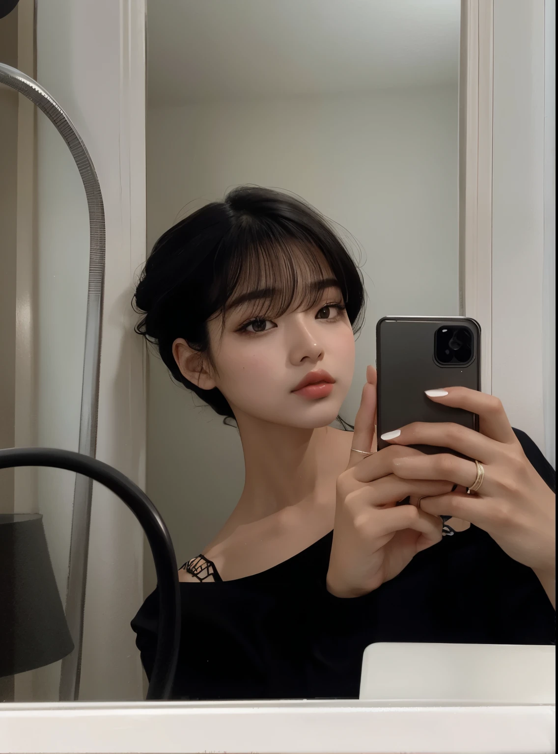 mulher arafada com unhas pretas segurando um celular, Ulzzang, com cabelos curtos, Ela tem cabelo preto com franja, branco hime corte penteado, Fotografia selfie 8k, preto hime corte cabelo, coreana, shoulder-length black hair, 19-year-old girl, com cabelo curto com franja, cabelo arrumado com franja, O corte Hime