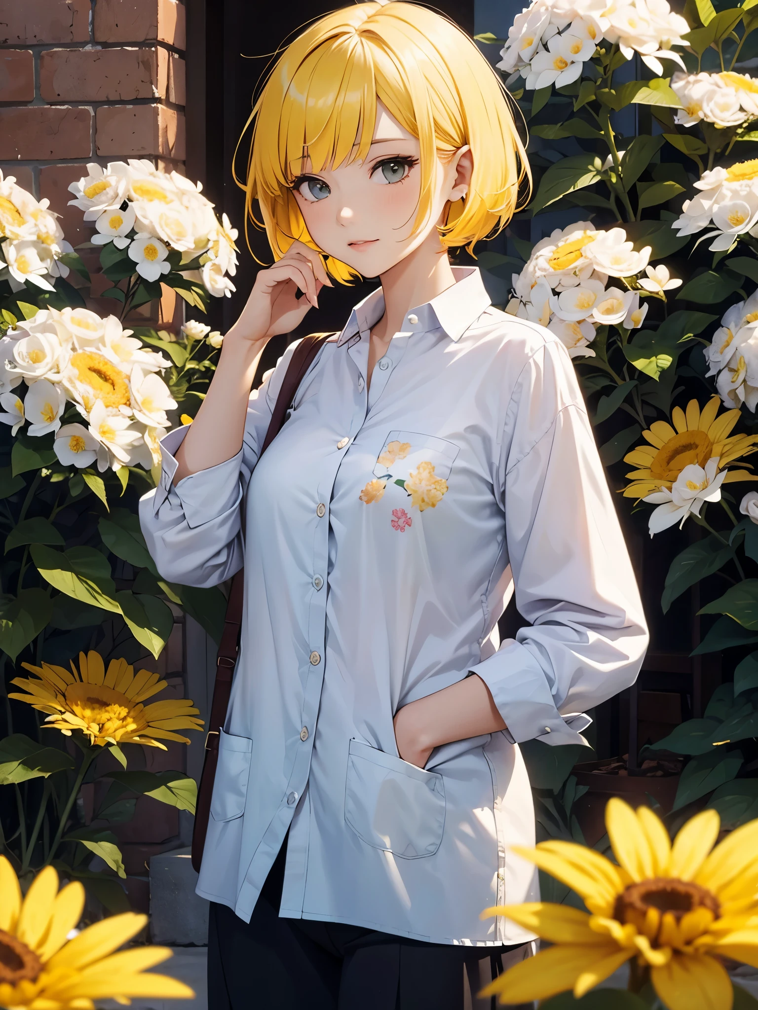 A mature girl wearing shirt with flower motif, short hair and yellow hair