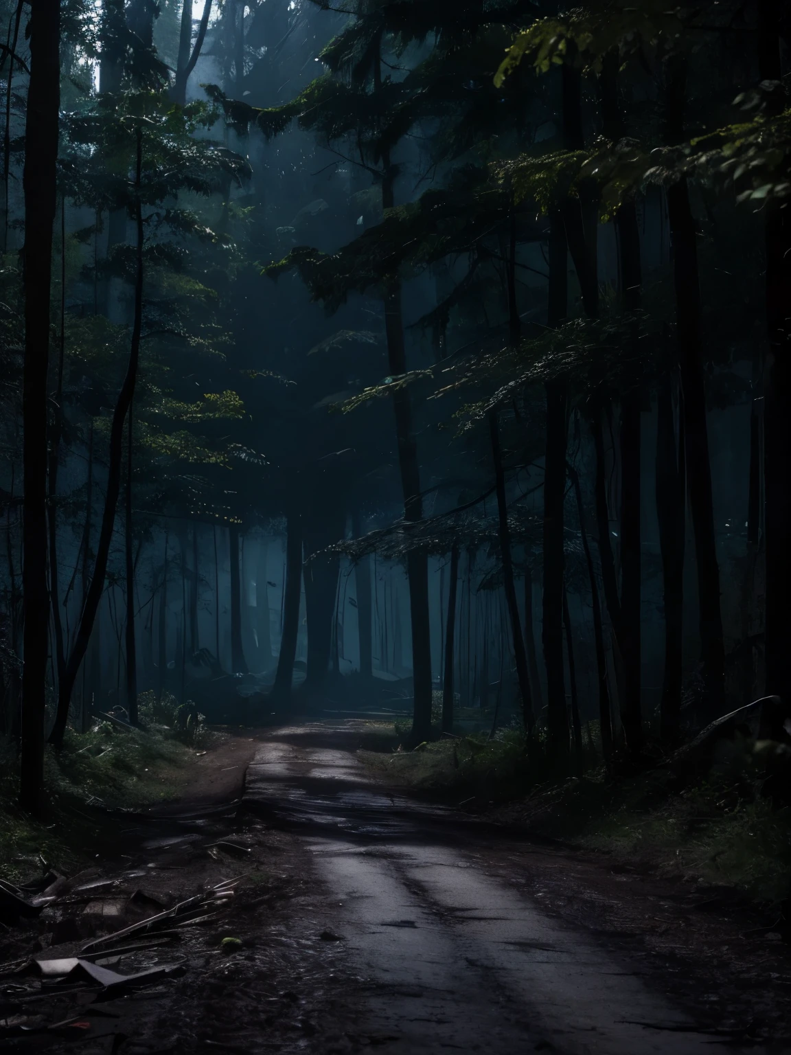 Image of a bizarre and scary forest during the dark night with a road leading to a destroyed house, dark and dirty and destroyed place, floresta densa, floresta escura e retorcida, casa em ruinas, Research Laboratory, scp laboratory, floresta retorcida e sobrenatural, lugar bizarro saido de um pesadelo
