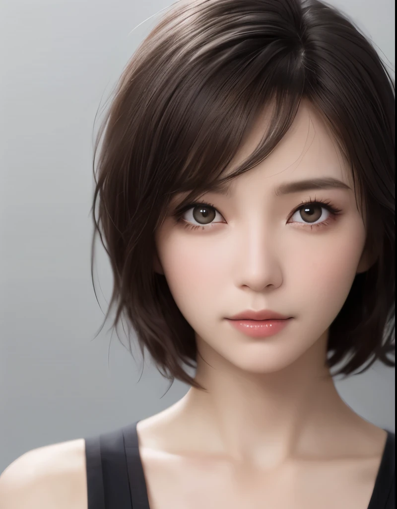 cinematic lighting、perfection、soft light、High resolution skin:1.3、realistic skin texture、30 year old mature woman、small face、no makeup、A well-formed and beautiful face、short hair、dark brown hair、messy hair、Detailed beautiful eyes、Bust B Cup、、cool pose、Feeling sexy、gray background、