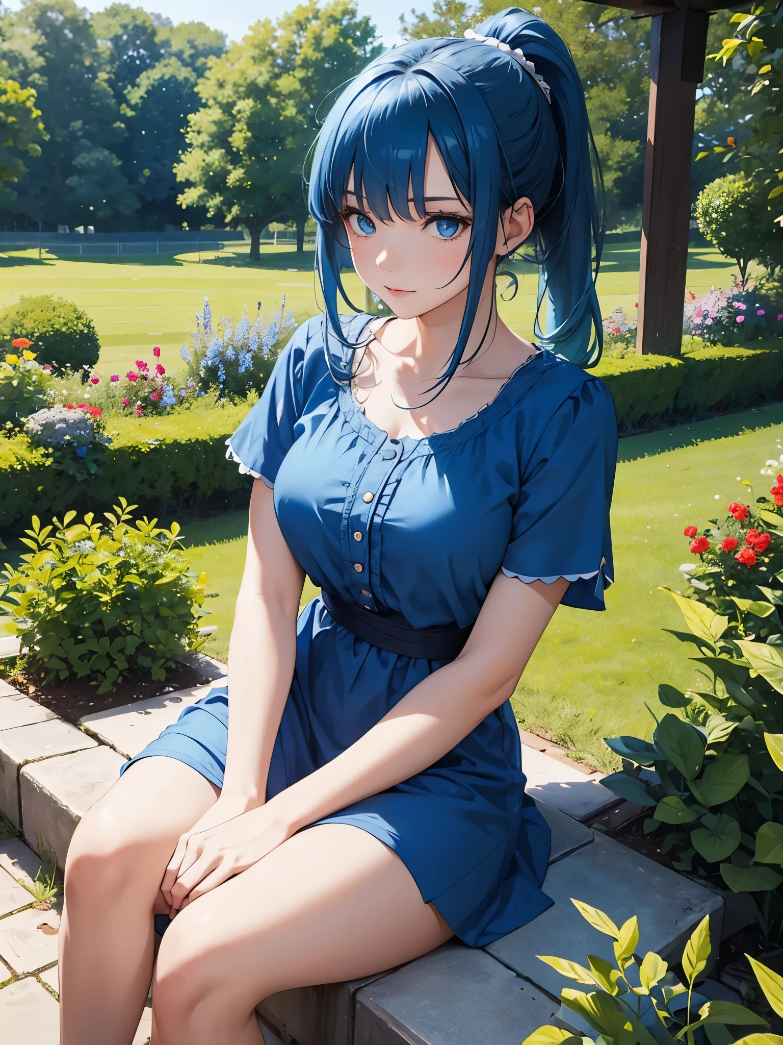 A mature girl, ponytail hair, blue hair, blue dress, blue eyes, sitting on the garden