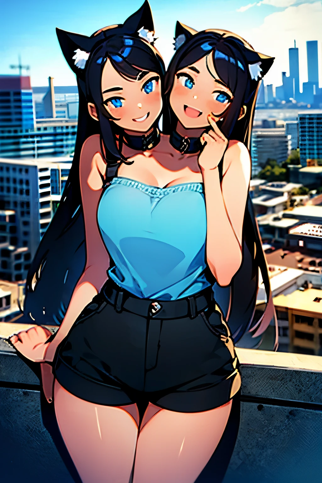 1girl of (2heads:1.3), a woman with (two heads:1.3), masterpiece, best quality, cat ears, shorts, city background, smile, open mouth