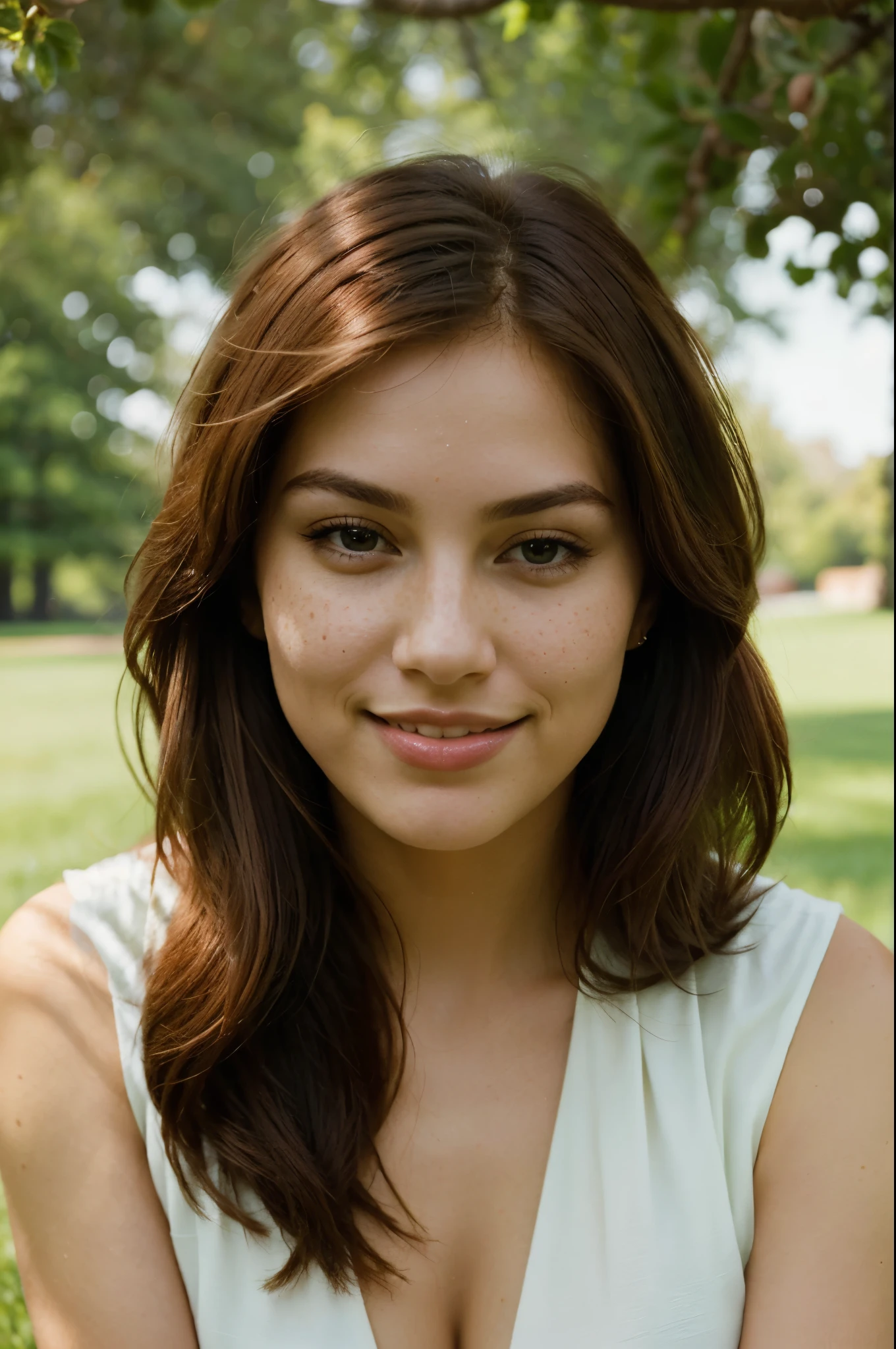 A woman, considered by some to be the epitome of beauty by today's standards, possesses an alluring blend of physical charm and personal charisma. Her symmetrical features create a harmonious face, accentuated by a flawless and luminous complexion. She has red hair with purple highlights, short cut. He has nice freckles on his nose. Expressive eyes, perhaps of an intense shade, attract attention with their depth. A bright smile, framed by well-groomed teeth, increases the overall charm. In terms of style and elegance, it effortlessly embraces current fashion trends, displaying a unique and refined taste. The elegance it exudes is natural and sophisticated. Carefully chosen accessories complement its overall look, enhancing its charm. Beyond the surface, her personality further contributes to her beauty. Confidence and self-assurance define his presence, creating an undeniable magnetism. His kindness and empathy, evident in every interaction, add a layer of warmth to his charm. Her intelligence and wide range of interests make her not only physically attractive but also intellectually stimulating. This nuanced and multifaceted combination of characteristics paints a portrait of a woman who embodies contemporary ideals of beauty, seamlessly blending physical attractiveness with style, elegance and a captivating personality, she is laying in the grass with her hands on her chin, high quality portrait, relaxing and smiling at camera, on a green lawn, laying down in the grass, chilled out smirk on face, in a grass field