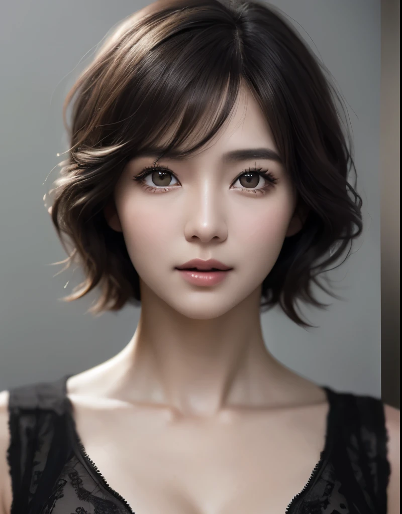 cinematic lighting、perfection、soft light、High resolution skin:1.3、realistic skin texture、30 year old mature woman、small face、no makeup、A well-formed and beautiful face、short hair、dark brown hair、messy hair、Detailed beautiful eyes、Bust B Cup、、cool pose、Feeling sexy、gray background、