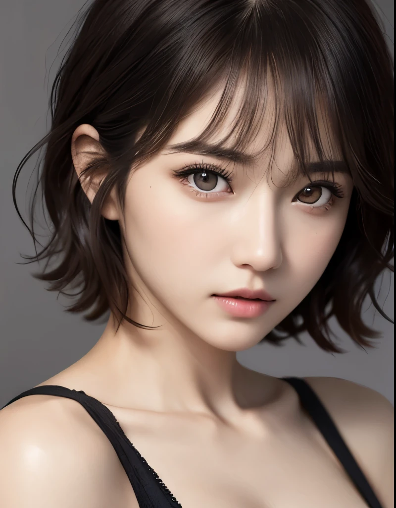 cinematic lighting、perfection、soft light、High resolution skin:1.3、realistic skin texture、30 year old mature woman、small face、no makeup、A well-formed and beautiful face、short hair、dark brown hair、messy hair、Detailed beautiful eyes、Bust B Cup、、cool pose、Feeling sexy、gray background、
