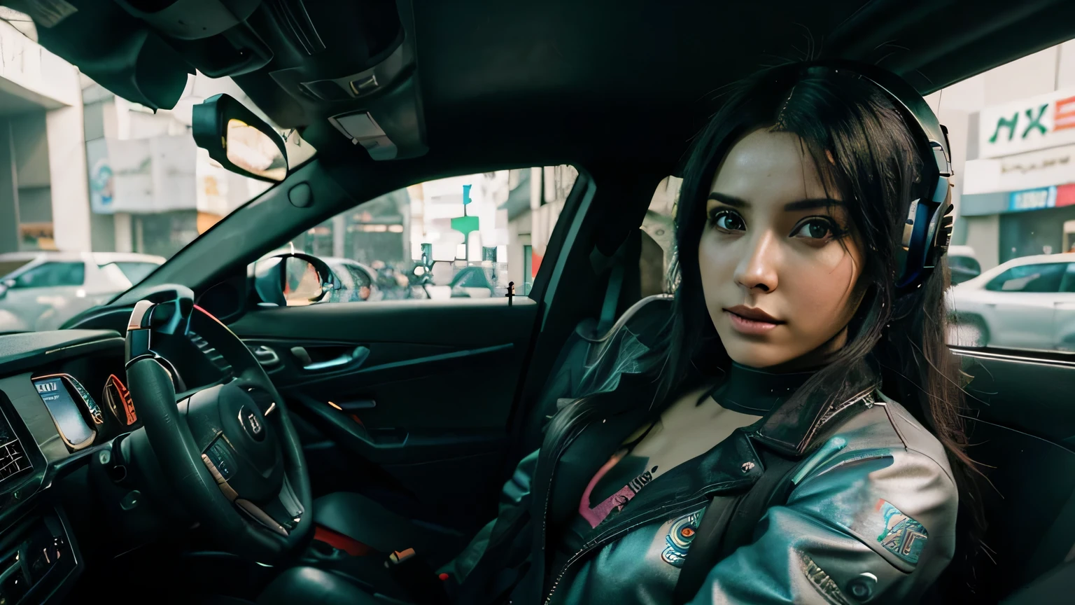 there is a woman in a car driving and listening to music, dreamy garota ciberpunk, linda garota cyberpunk, estilo cyberpunk hiper-realista, linda modelo de mulher cyberpunk, fone de ouvido ciberpunk, female garota de anime cyberpunk, garota de cabelo preto azeviche ciberpunk, cyberpunk 2 0 anos. oh garota modelo, garota de anime cyberpunk, no estilo cyberpunk, Arte cyberpunk ultra-realista em 8K, foto ciberpunk, garota ciberpunk