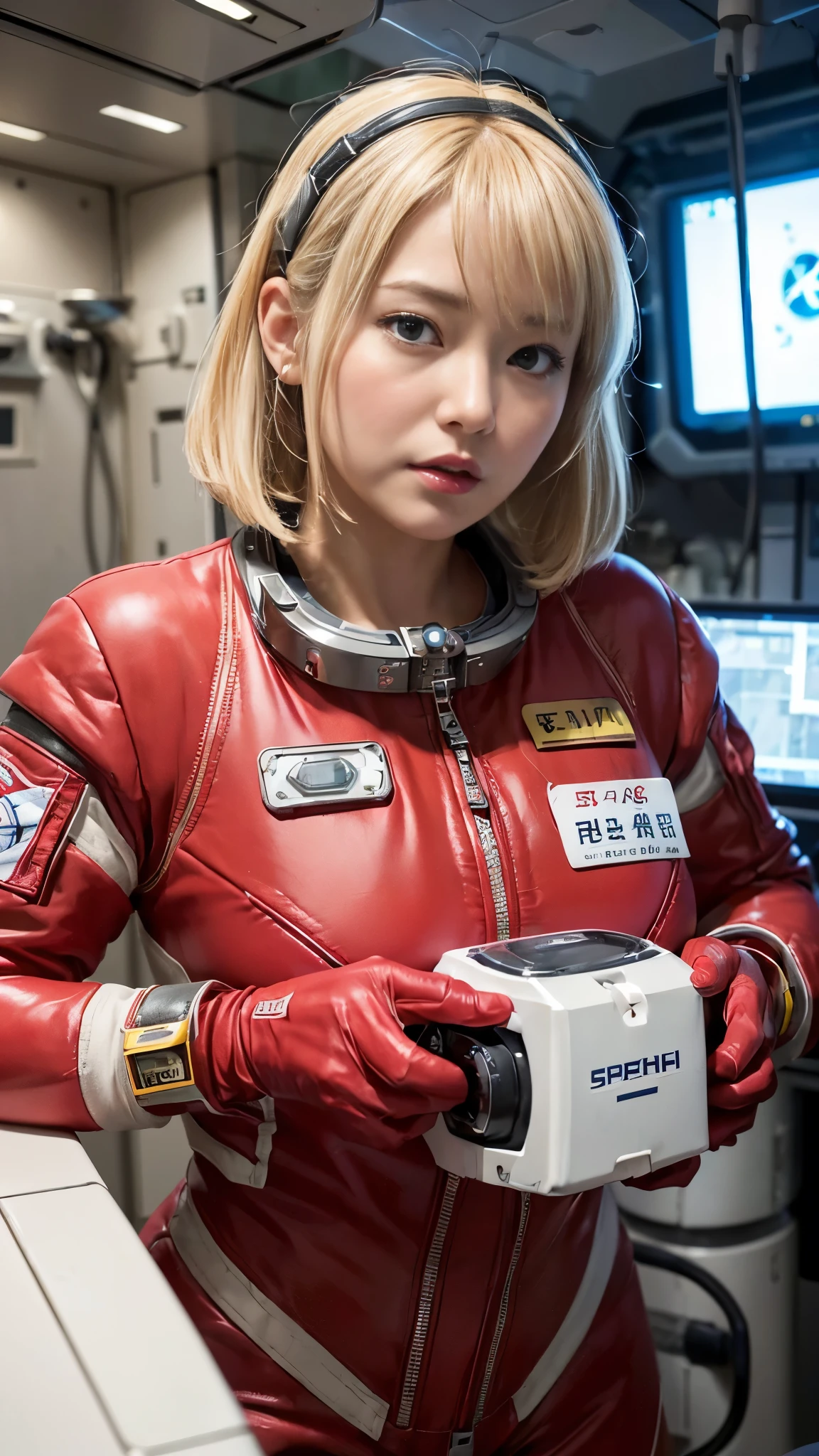 (hyper real)、future female pilot、
Huge　Beautiful woman　High level image quality　High resolution　realistic　short hair　blonde、　blondeの女性、mature woman、middle-aged women、((big big skin texture、超High resolution、realistic、Chubby body type、angry face、beauty of middle age、beautiful expression、Detailed green ironed fluffy hair、Kamimei、Very delicate and delicate skin texture、３５A woman piloting a giant space station)、female pilot batlight red lips、((Wear a red flight suit))、(((alone)))、