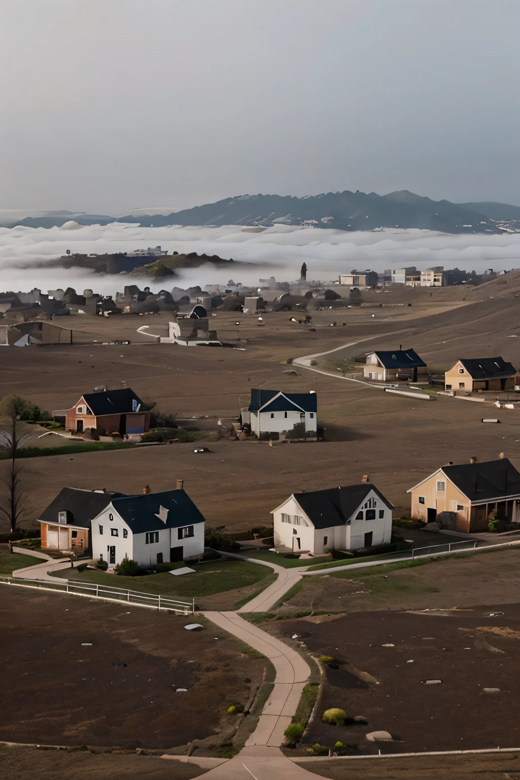 generate an image of an American colony with lots of houses that is desolated and covered in fog