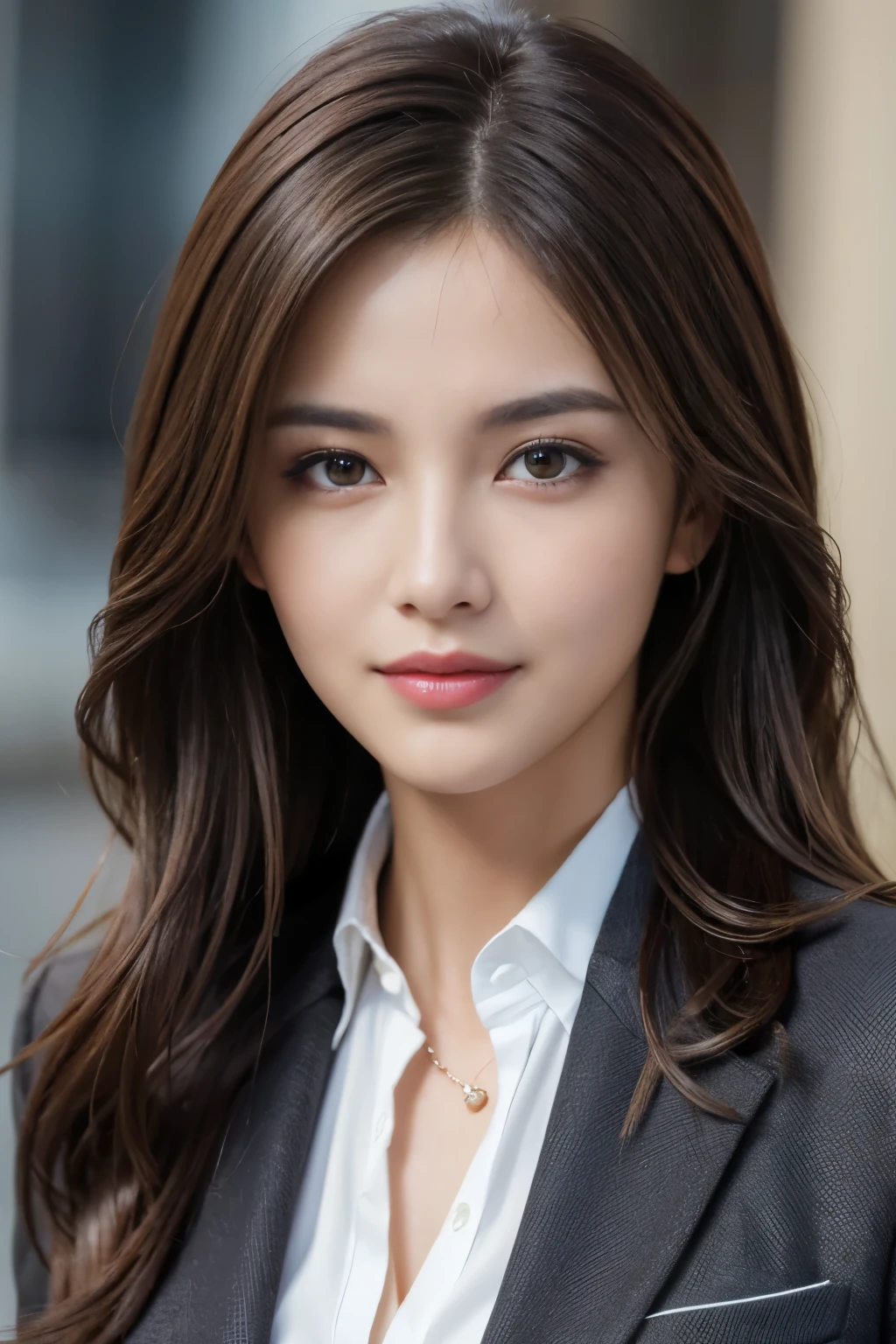 masterpiece, highest quality, realistic, Super detailed, attention to detail, High resolution, 8k wallpaper, one beautiful woman,, light brown messy hair, wearing a business suit, sharp focus, perfect dynamic composition, beautiful and fine eyes, fine hair, Detailed realistic skin texture, smile, close-up portrait, model body shape